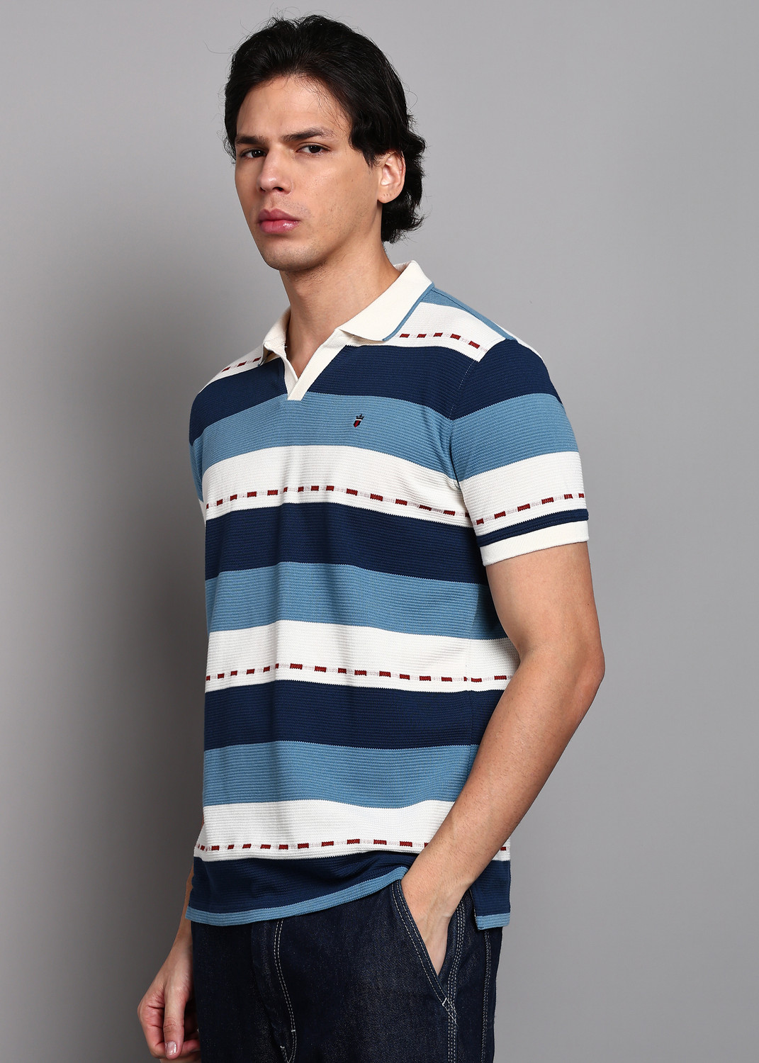 Image of Louis Philippe Jeans Men Striped Polo Neck Polycotton Multicolor T-Shirt