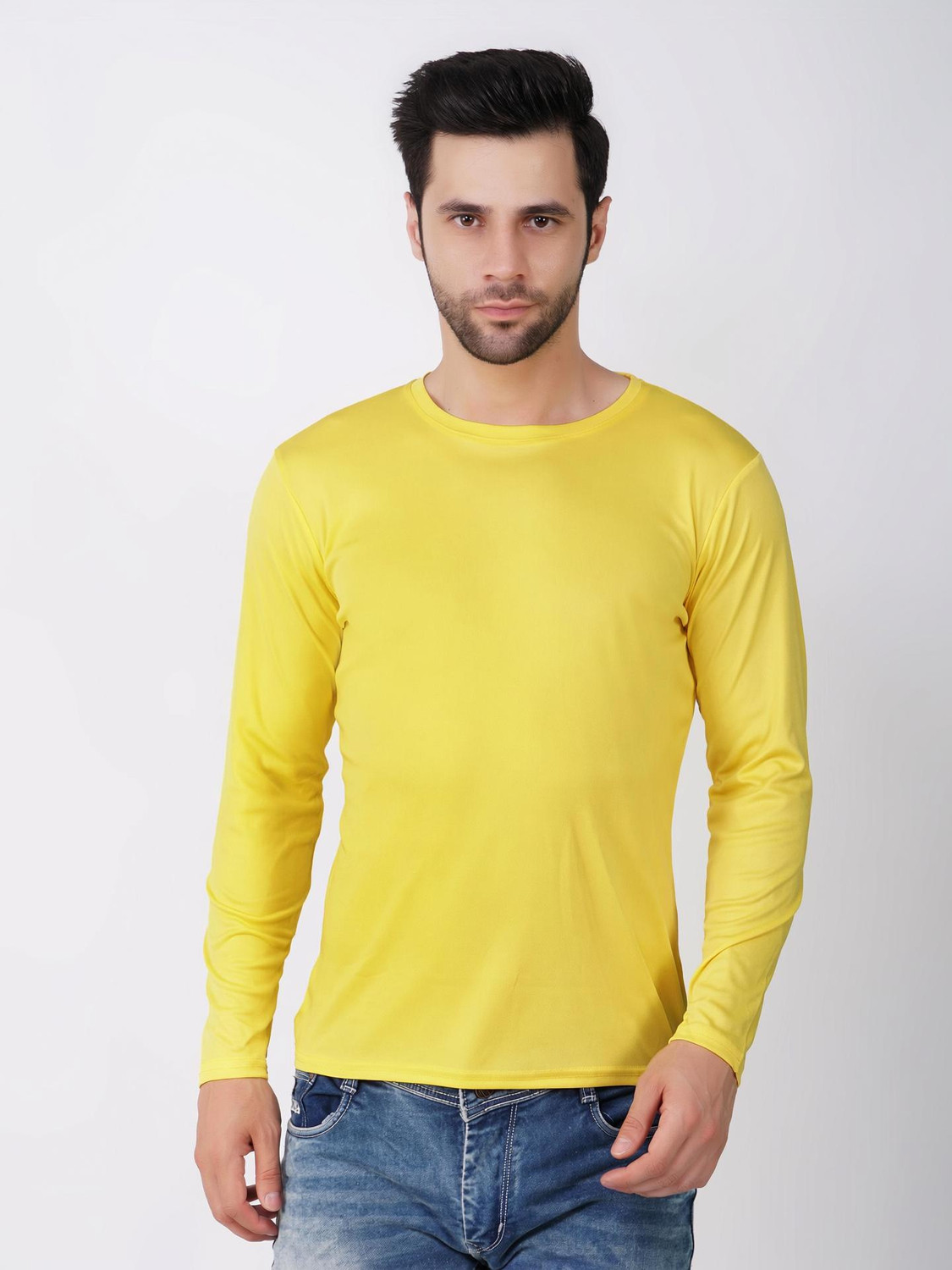 Image of KASPY Solid Men Round Neck Yellow T-Shirt