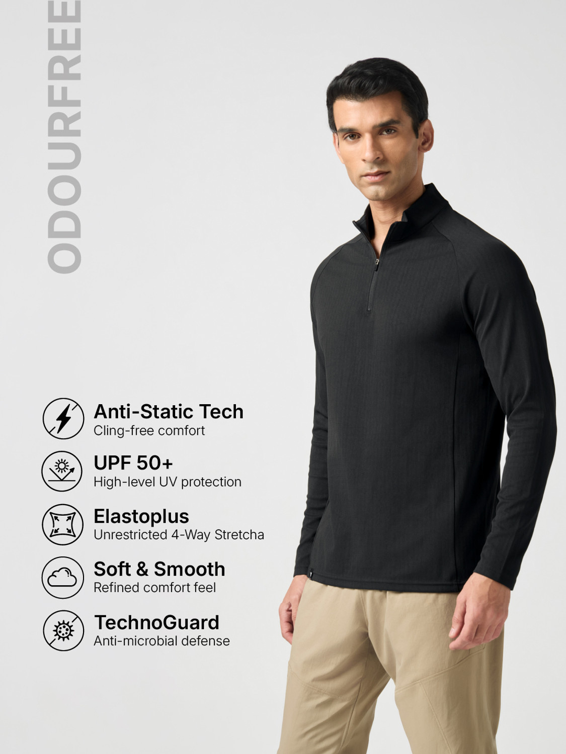Image of TECHNOSPORT Solid Men Zip Neck Black T-Shirt