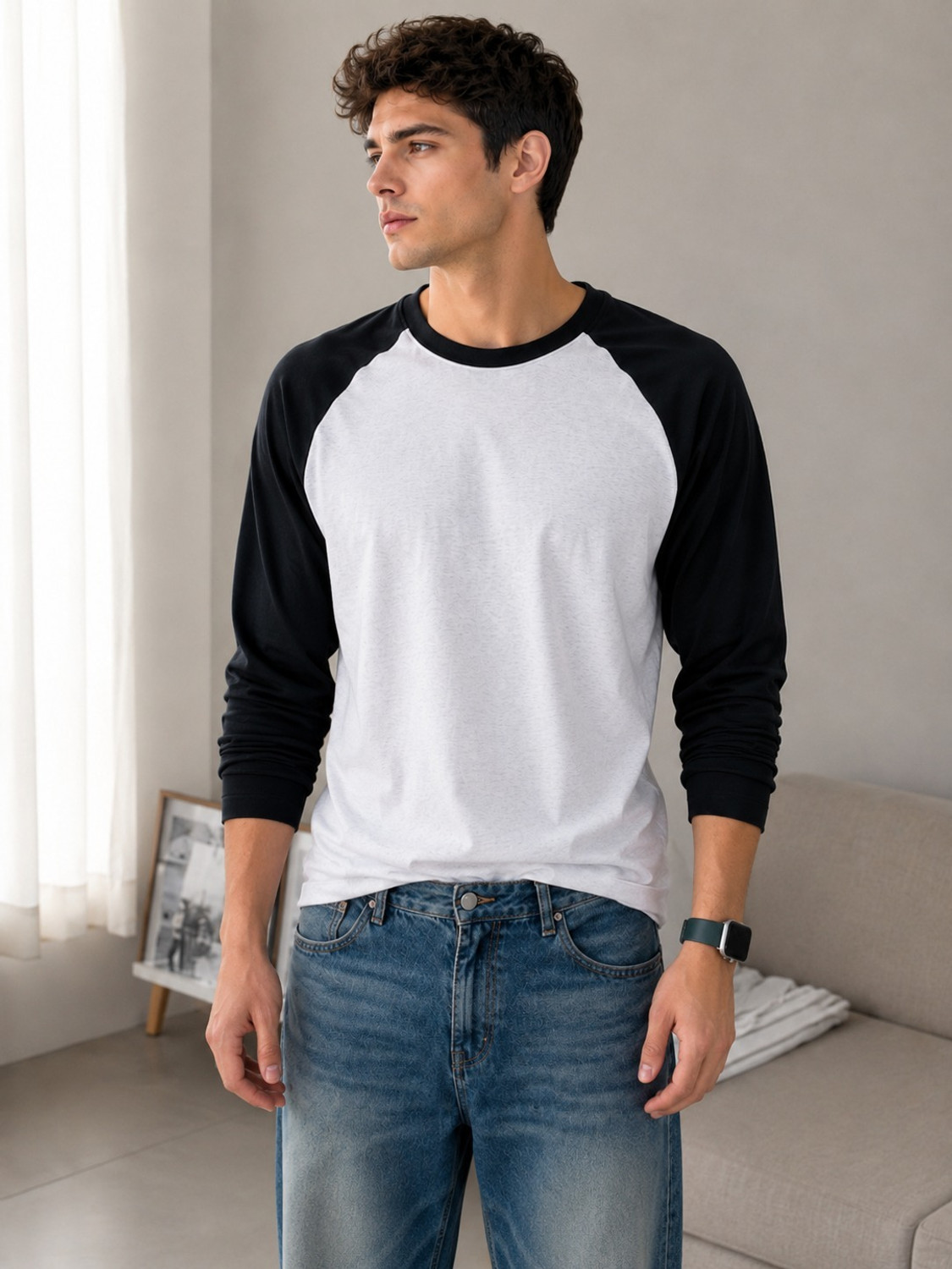 Image of Else & What Men Colorblock Round Neck Cotton Blend White, Black T-Shirt