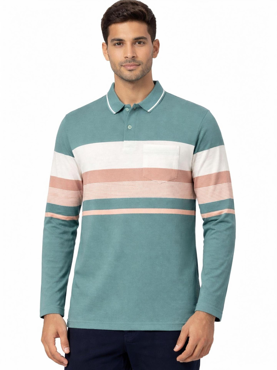 Image of SANE ORIGINALS Striped Men Polo Neck Multicolor, Light Green T-Shirt
