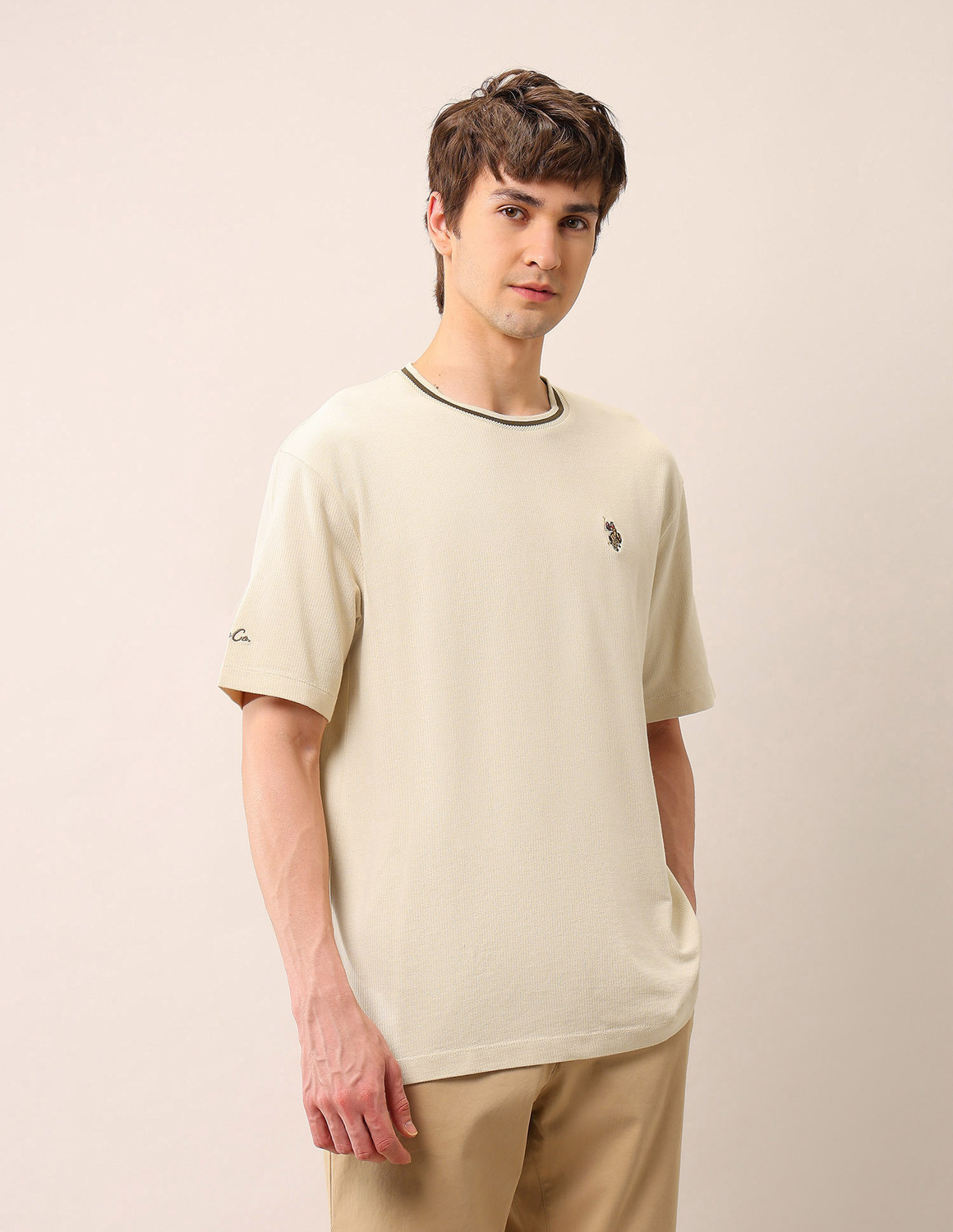 Image of U.S. Polo Assn. Denim Co. Solid Men Round Neck Beige T-Shirt