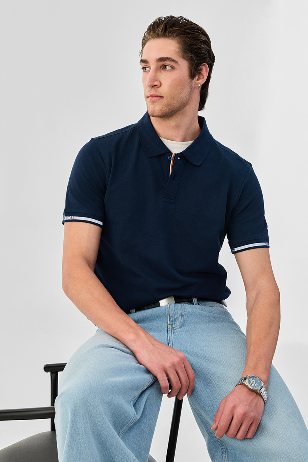 Image of Snitch Solid Men Polo Neck Navy Blue T-Shirt