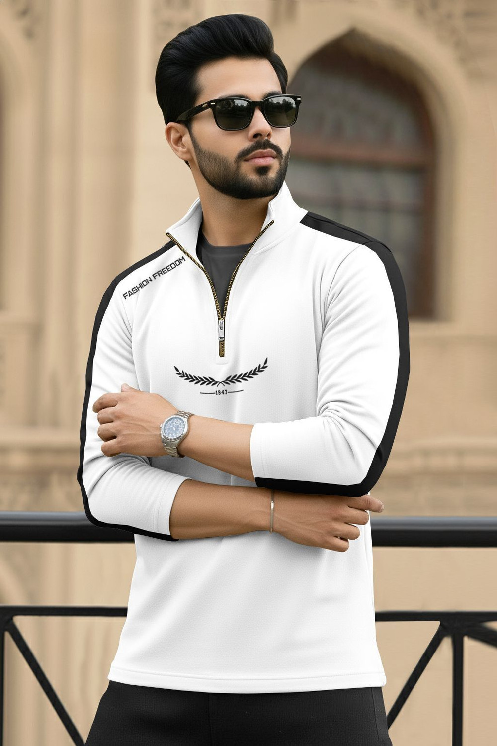 Image of TRIPR Printed Men Henley Neck White, Black T-Shirt