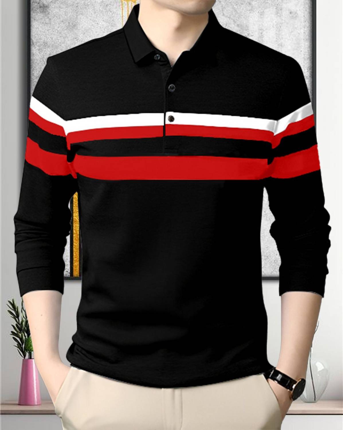 AOOSH Colorblock Men Polo Neck Black, Red T-Shirt