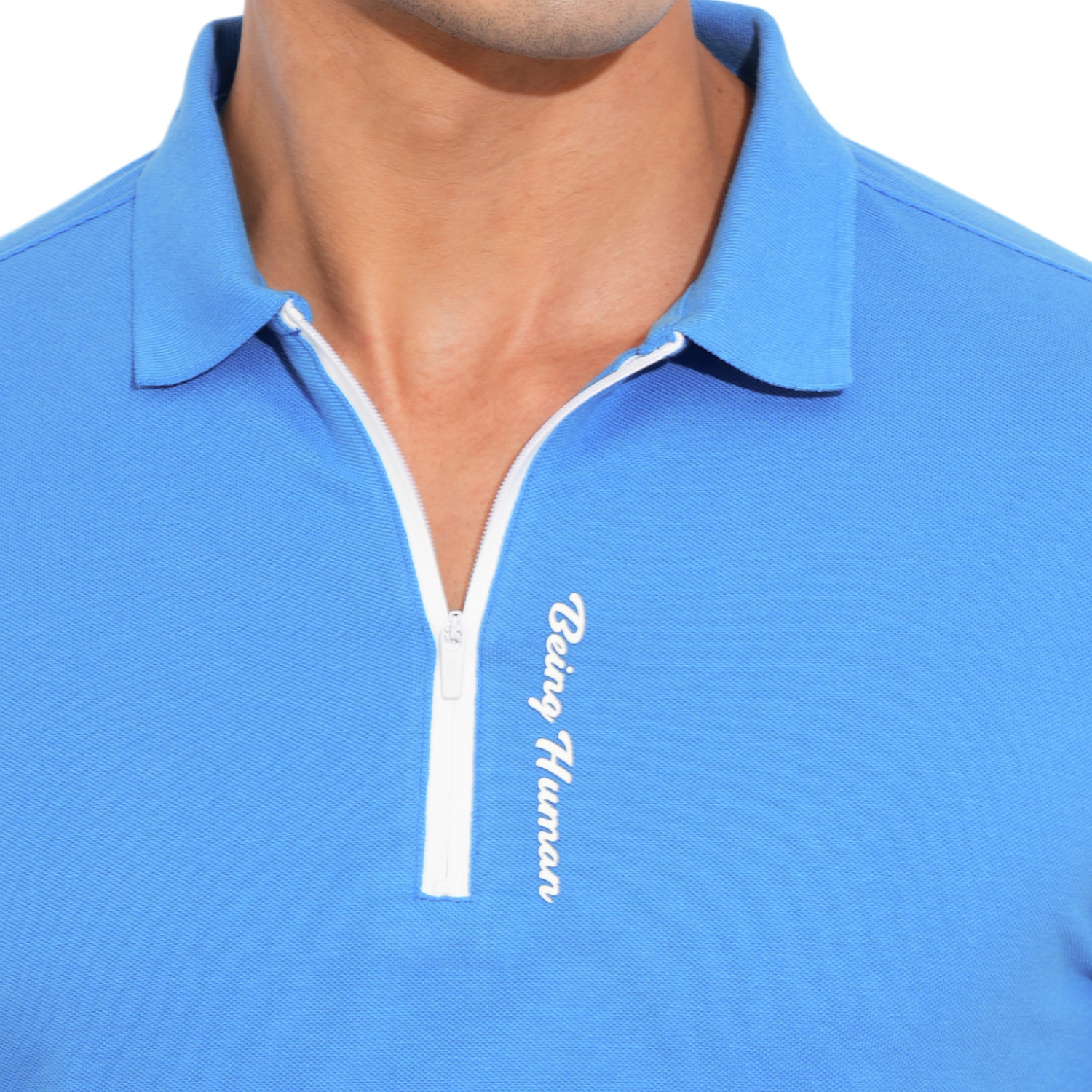 Image of BEING HUMAN Solid Men Polo Neck Blue T-Shirt