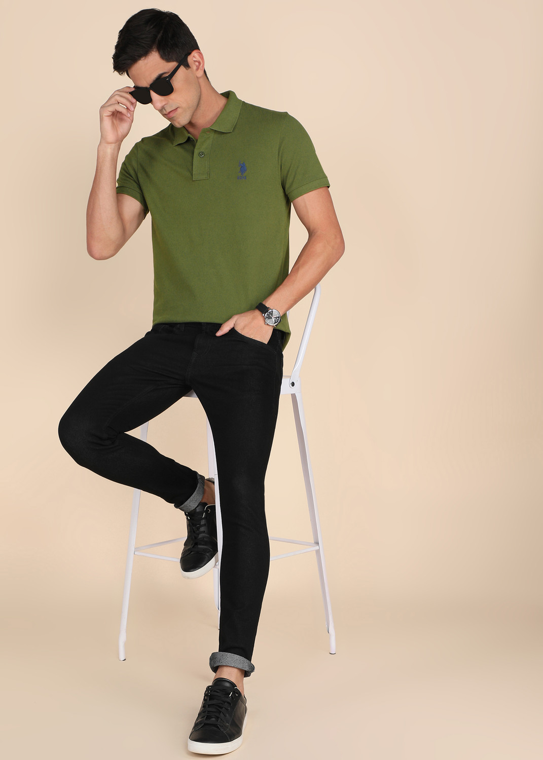 Image of U.S. POLO ASSN. Solid Men Polo Neck Light Green T-Shirt