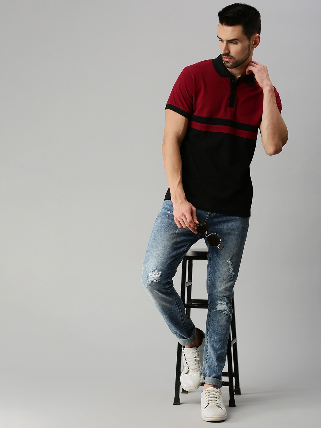 Image of Veirdo Striped Men Polo Neck Maroon T-Shirt
