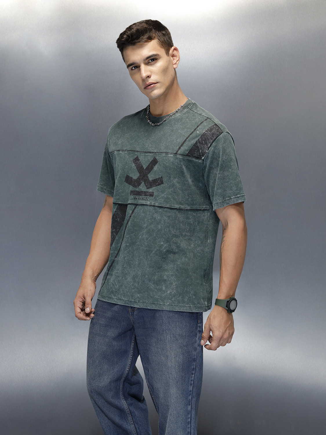 Image of WROGN Printed Men Crew Neck Green T-Shirt