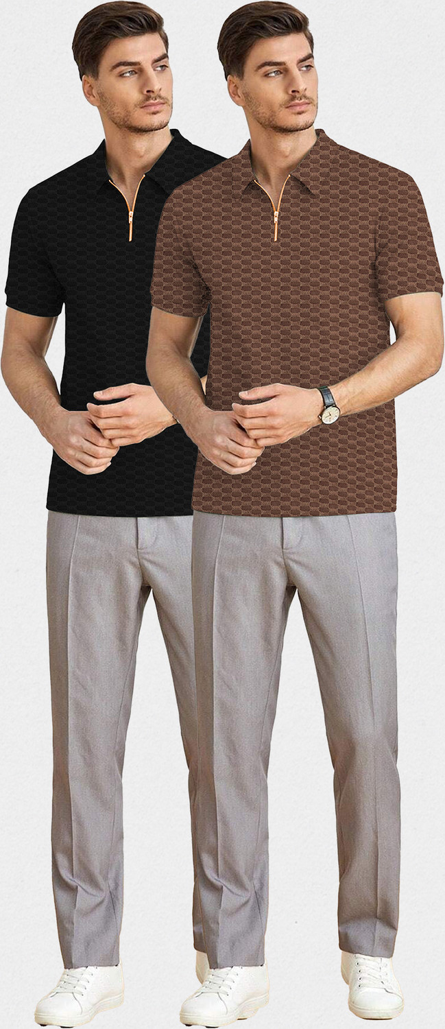 Image of KAJARU Self Design Men Zip Neck Black, Brown T-Shirt