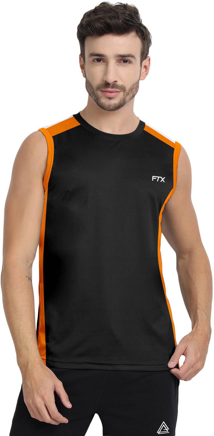 FTX Men Colorblock Round Neck Polyester Black T-Shirt