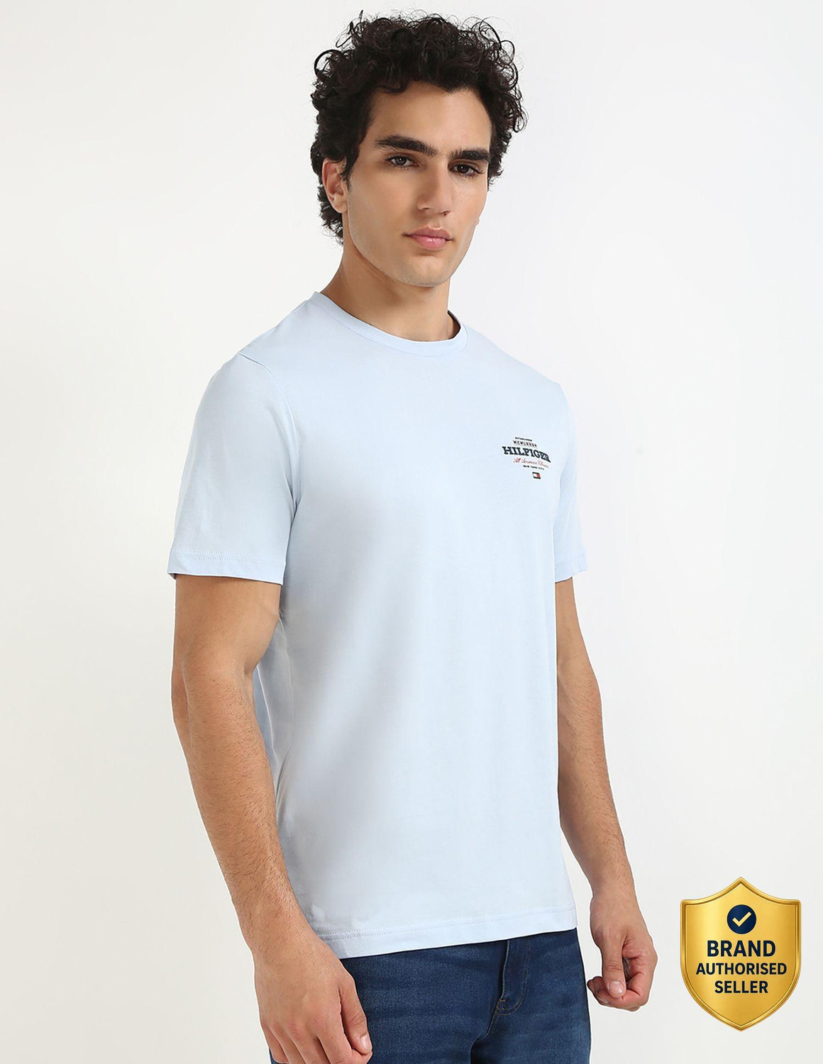 Image of TOMMY HILFIGER Men Printed Crew Neck Cotton Blend Blue T-Shirt