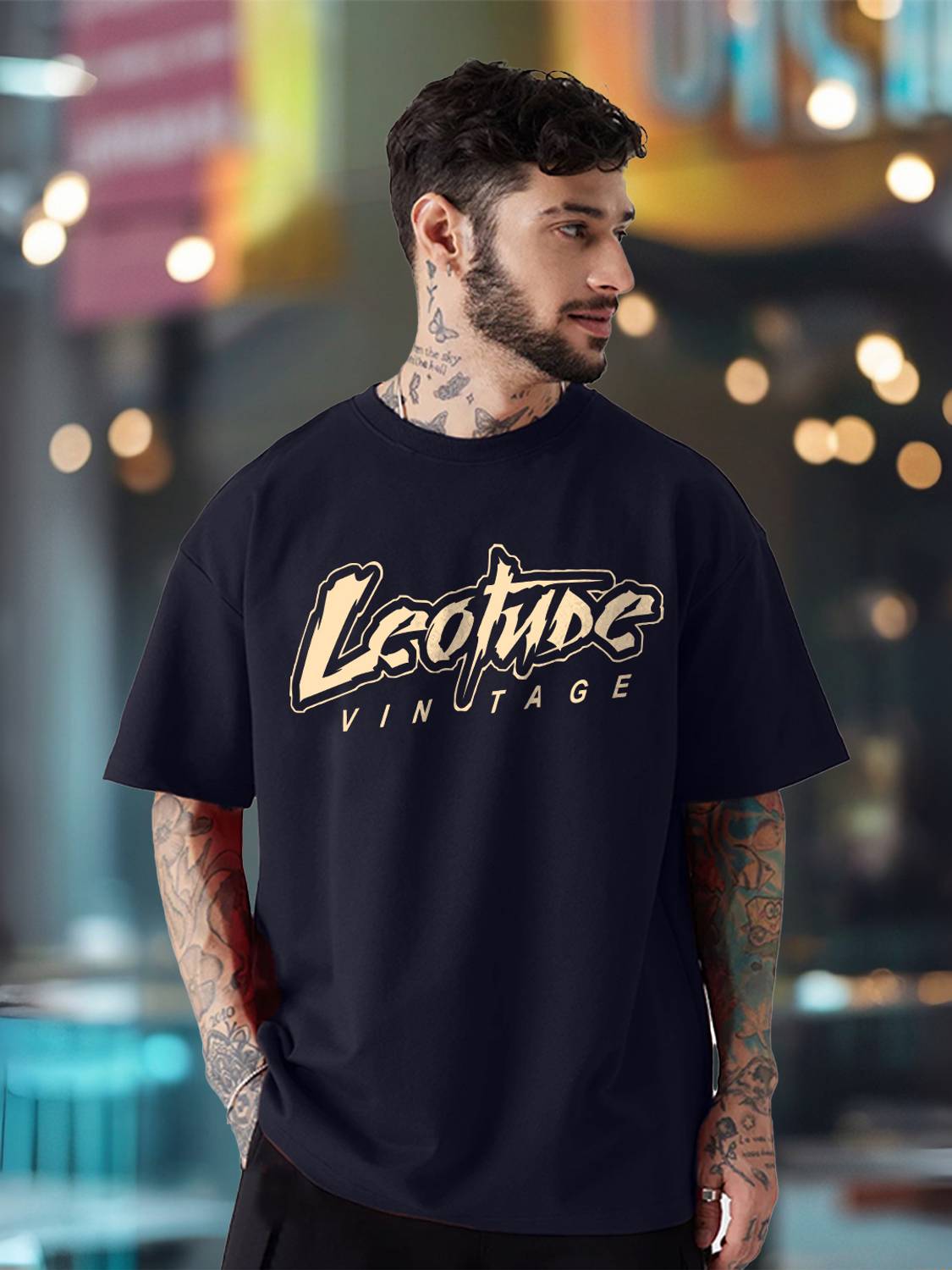 Leotude Men Printed Round Neck Cotton Blend Navy Blue T-Shirt