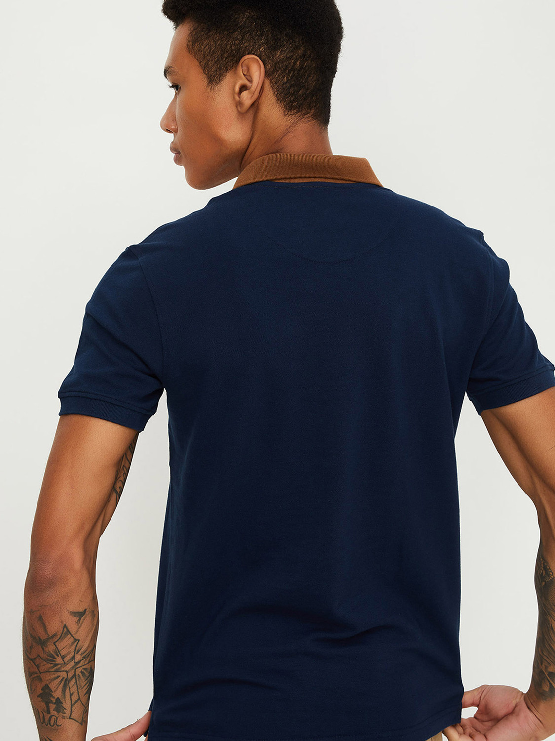 Image of MAX Striped Men Polo Neck Brown T-Shirt