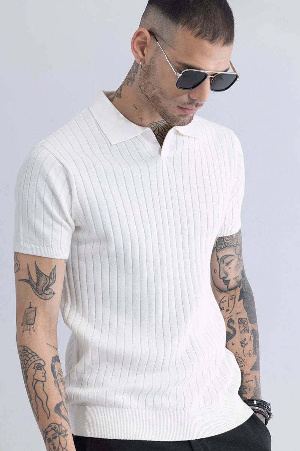 Snitch Solid Men Polo Neck White T-Shirt - Image 4
