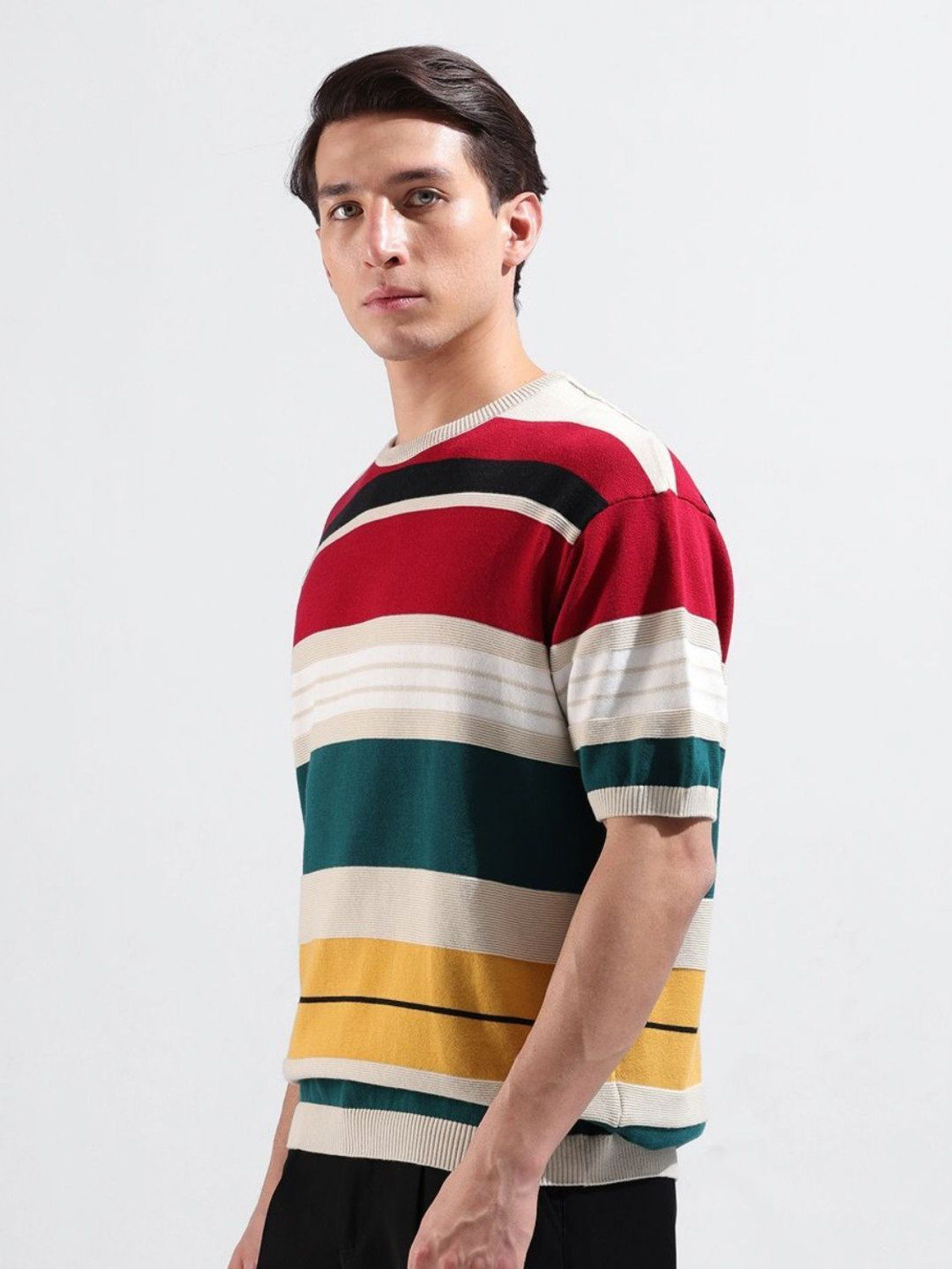 Image of The Indian Garage Co. Striped Men Crew Neck Multicolor T-Shirt