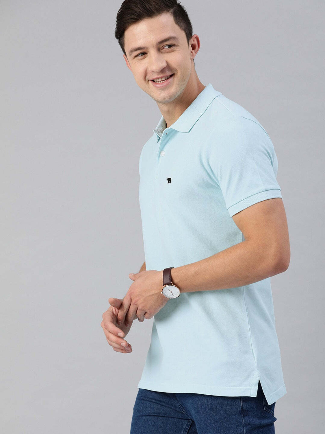 Image of THE BEAR HOUSE Solid Men Polo Neck Blue T-Shirt