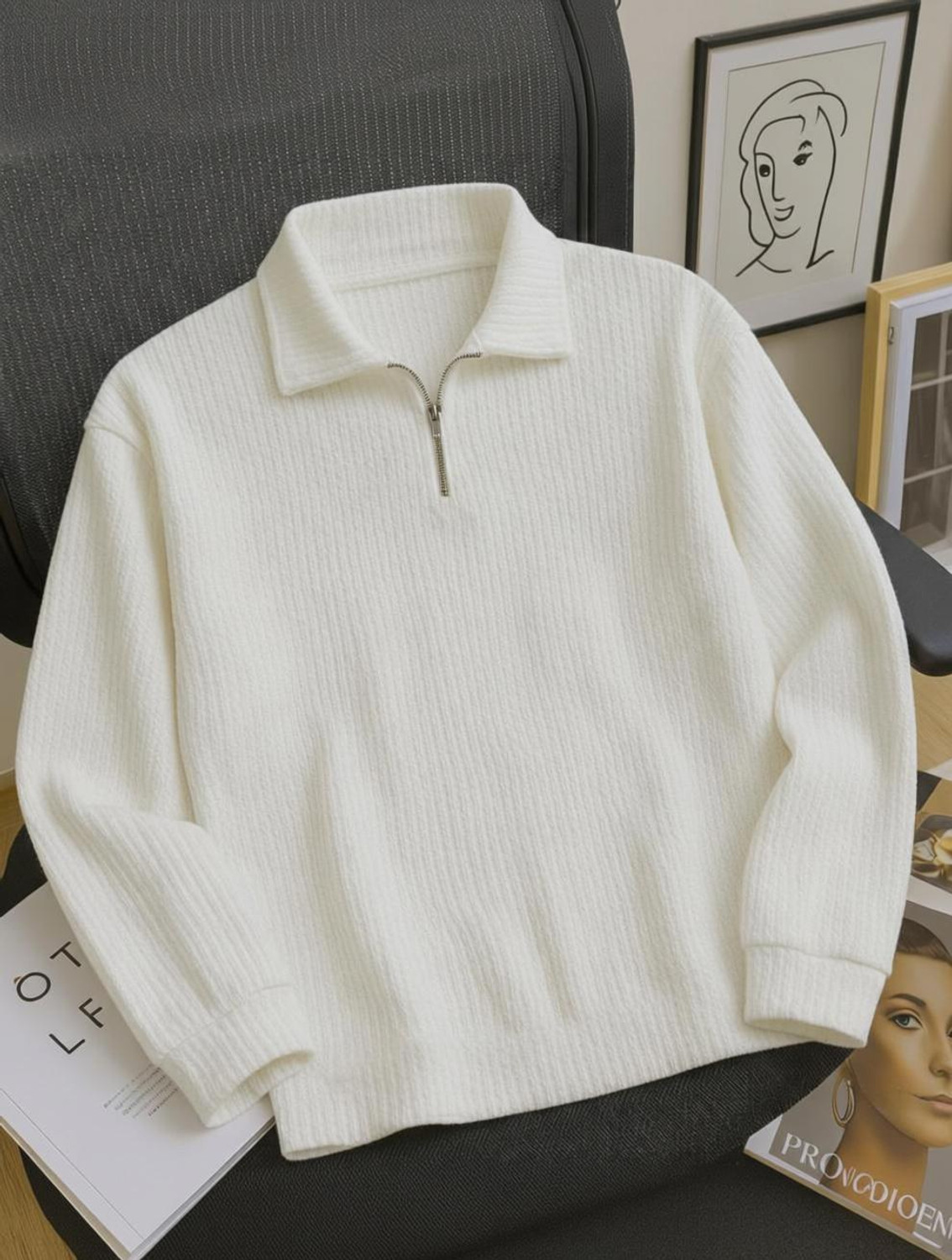 Image of Try This Striped, Self Design Men Zip Neck White, Silver, Beige T-Shirt