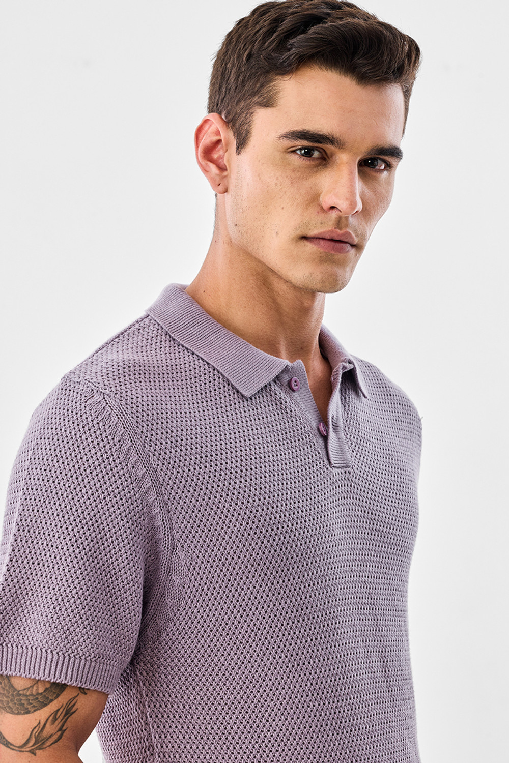 Image of Snitch Men Self Design Polo Neck Cotton Blend Purple T-Shirt