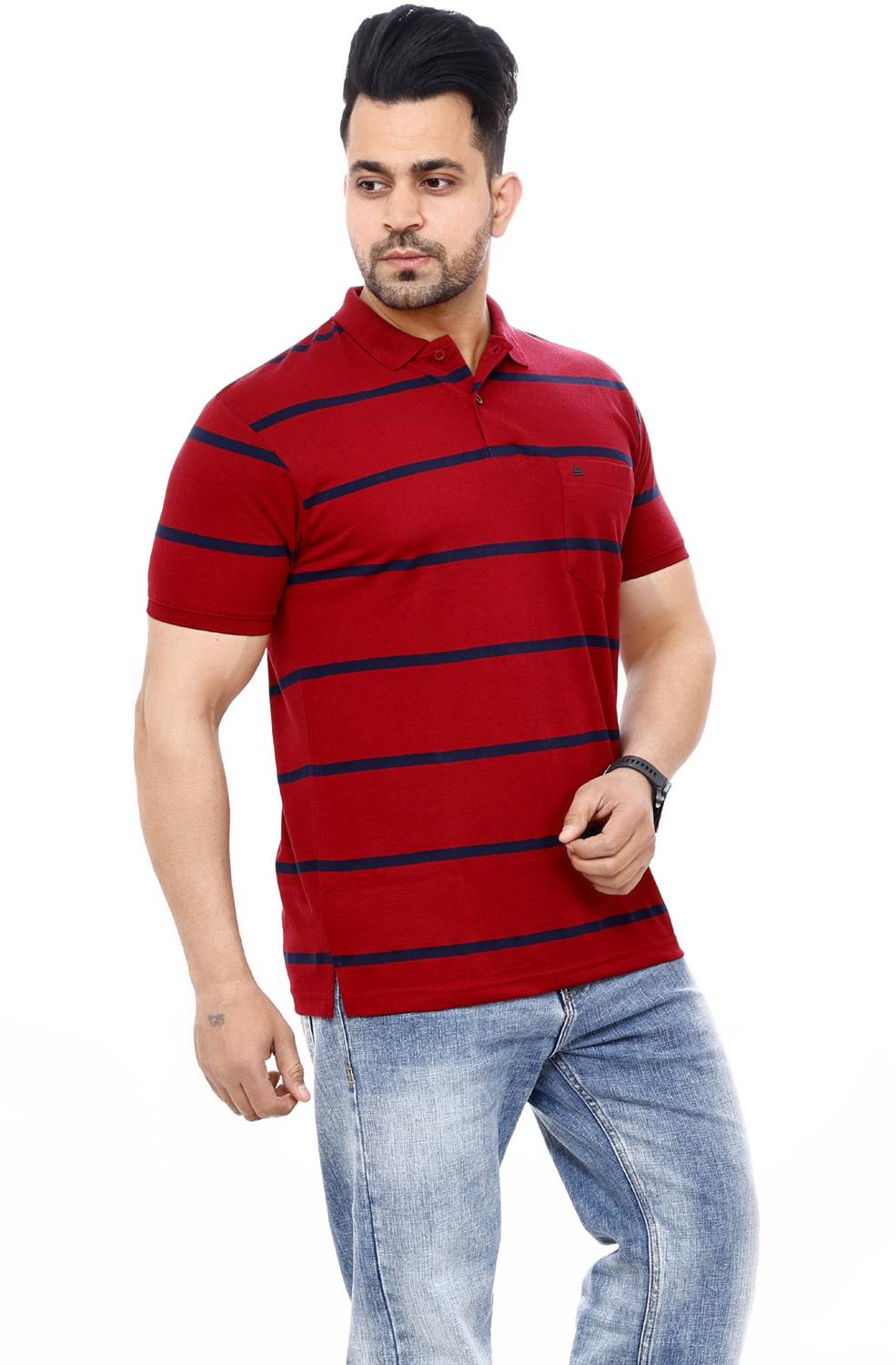 Scoller Men Striped Polo Neck Reversible Cotton Blend Red T-Shirt