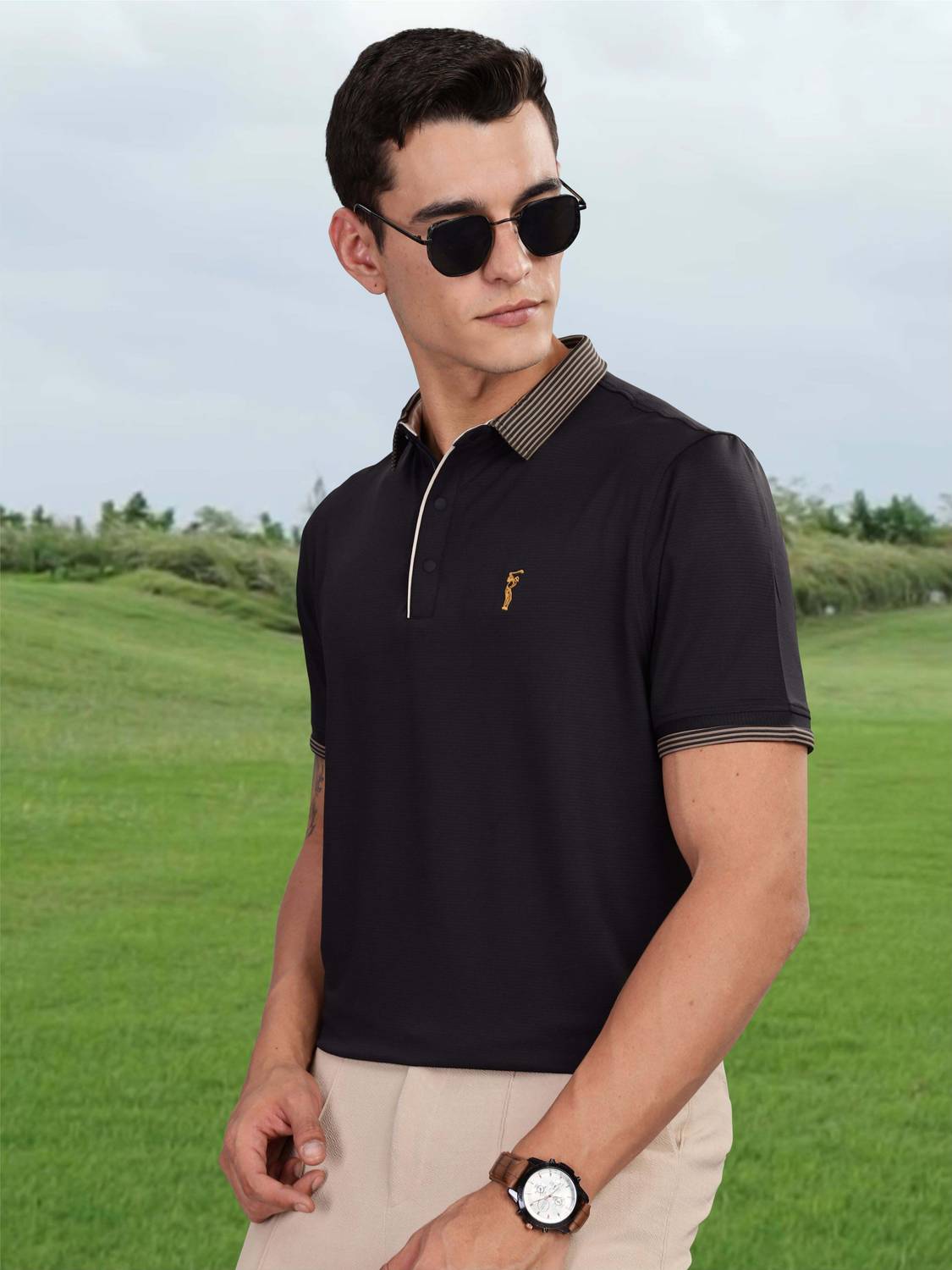 Stellers Men Solid Polo Neck Polyester Black T-Shirt