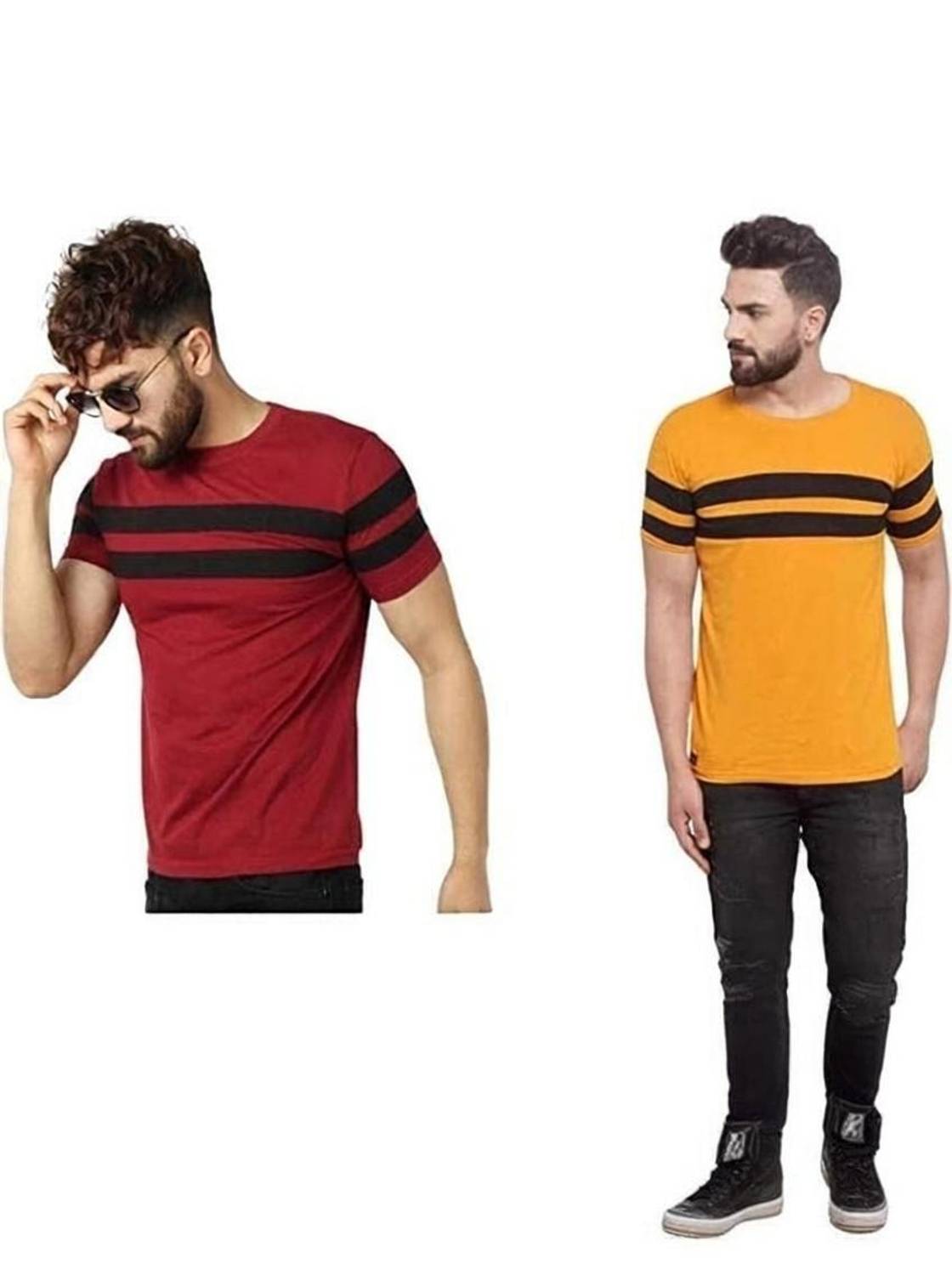 Meetri Striped Men Round Neck Multicolor T-Shirt