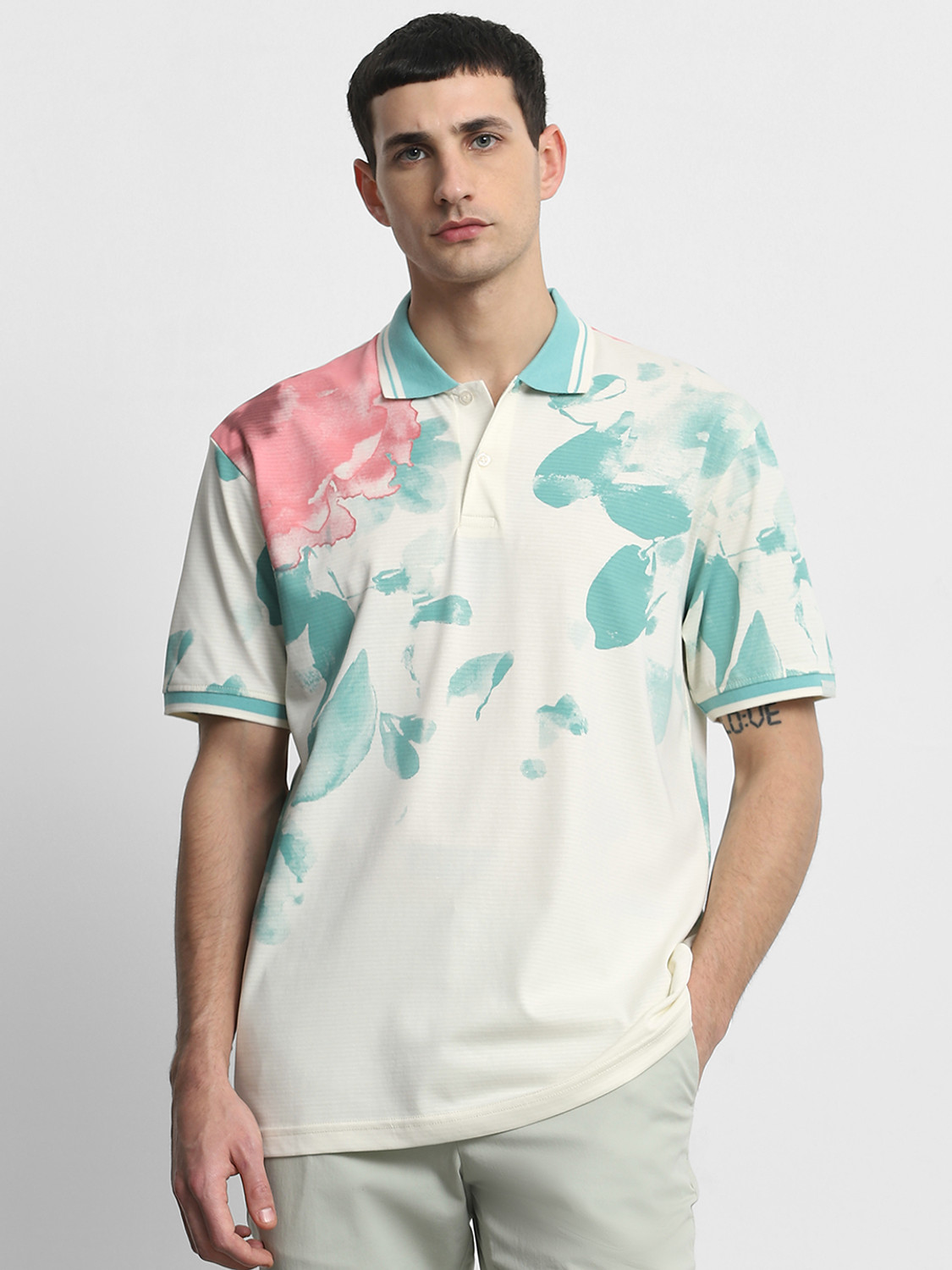 Image of MUFTI Abstract Men Polo Neck Blue T-Shirt