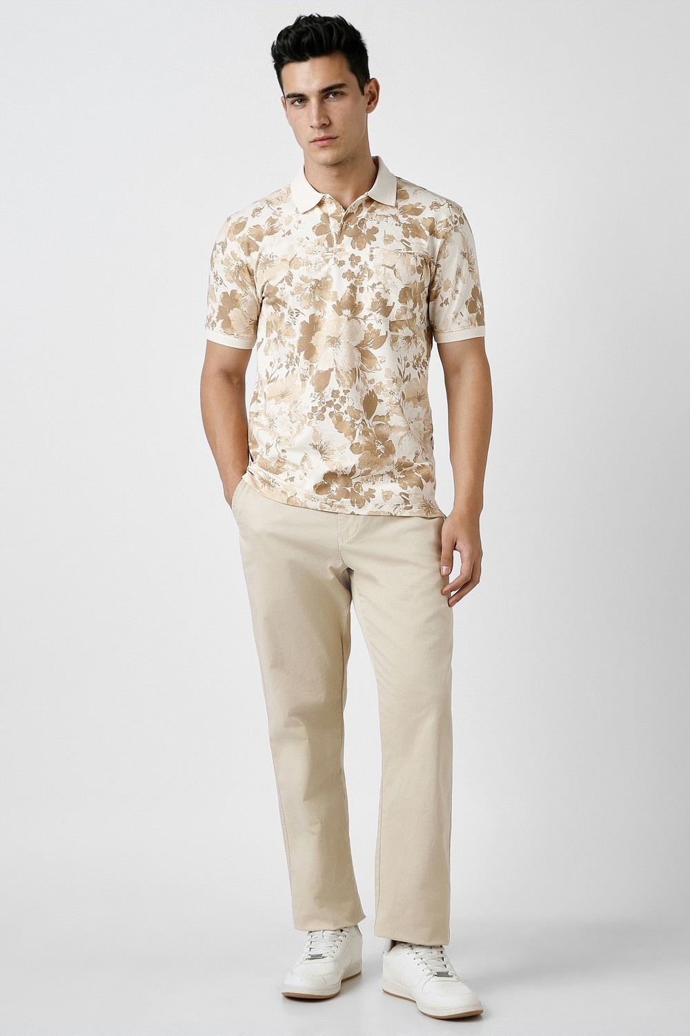Image of PETER ENGLAND Printed Men Polo Neck Beige T-Shirt
