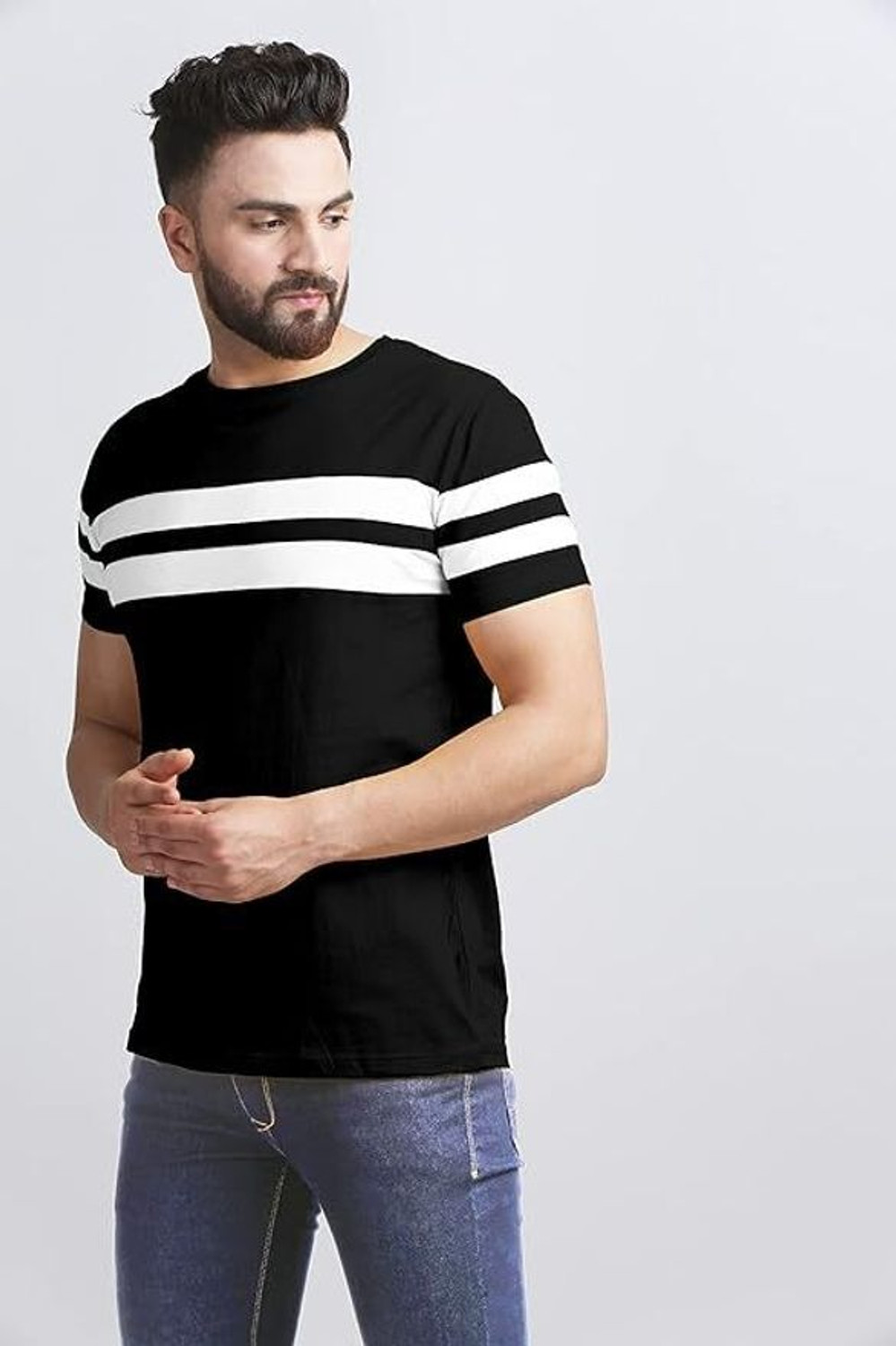 Image of R RIDACHY Striped Men Round Neck Black T-Shirt