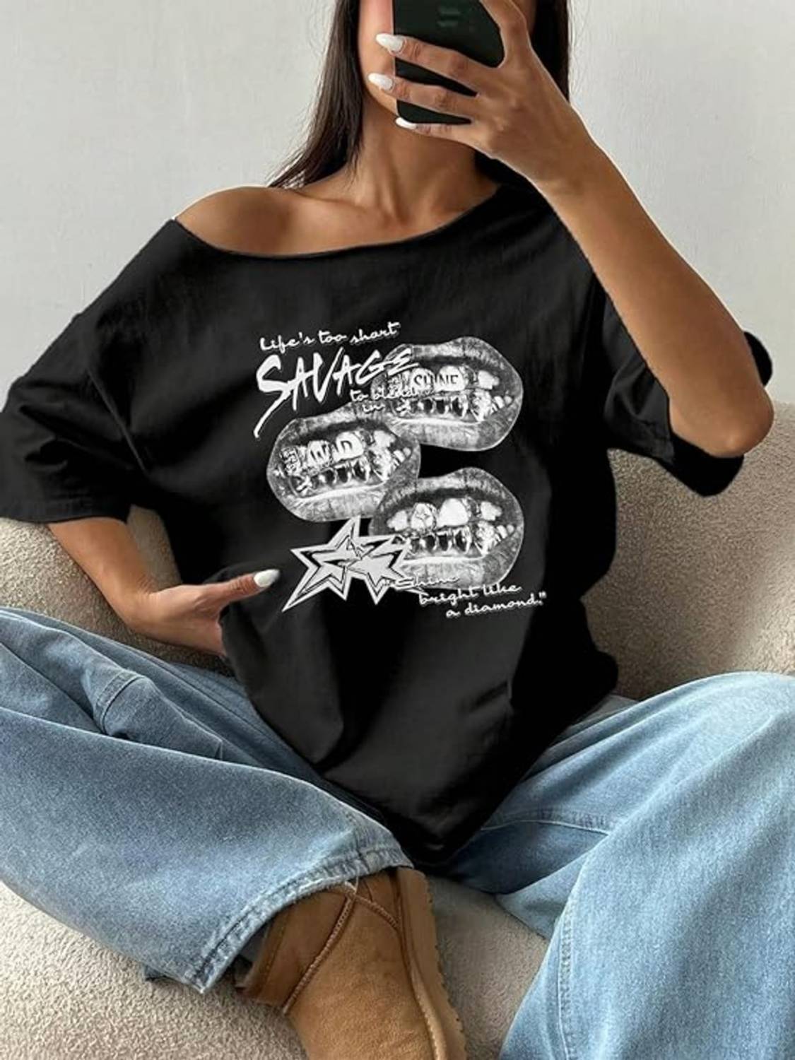 SRENSFASHION Printed Women Round Neck Black T-Shirt