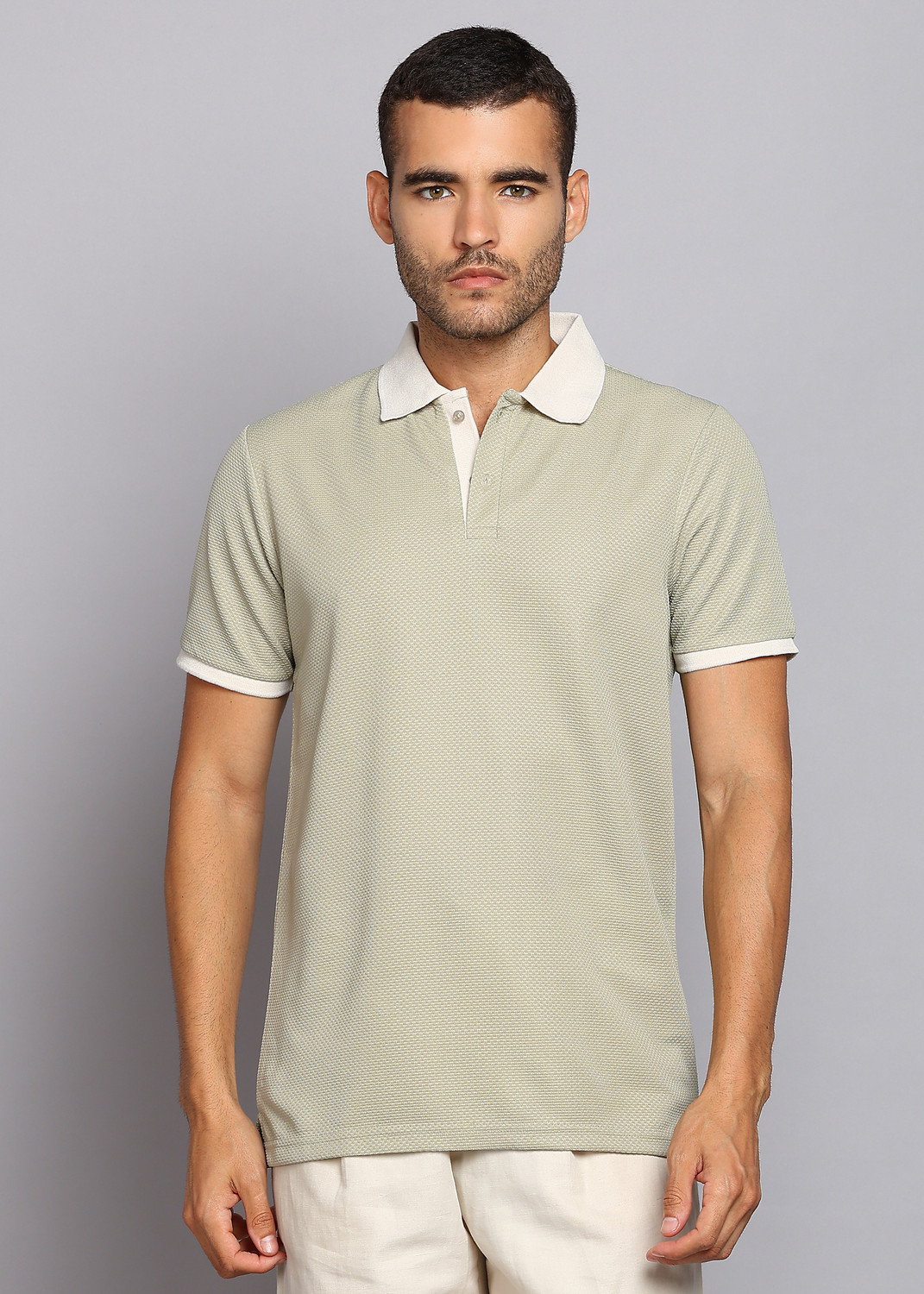 Image of LAWMAN Men Self Design Polo Neck Polyester Light Green T-Shirt