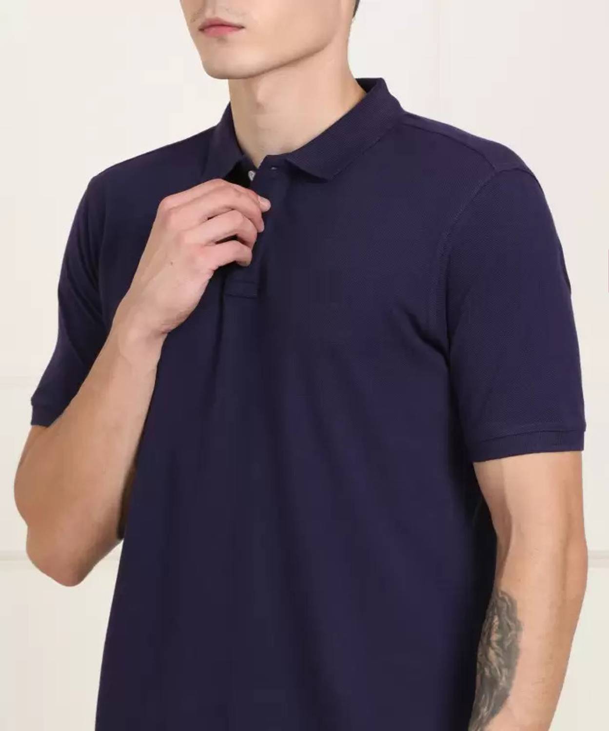 wildborn Solid Men Polo Neck Navy Blue T-Shirt