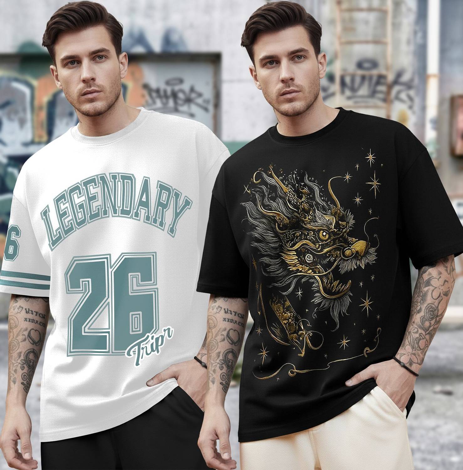 TRIPR Pack of 2 Men Graphic Print Round Neck Cotton Blend White,