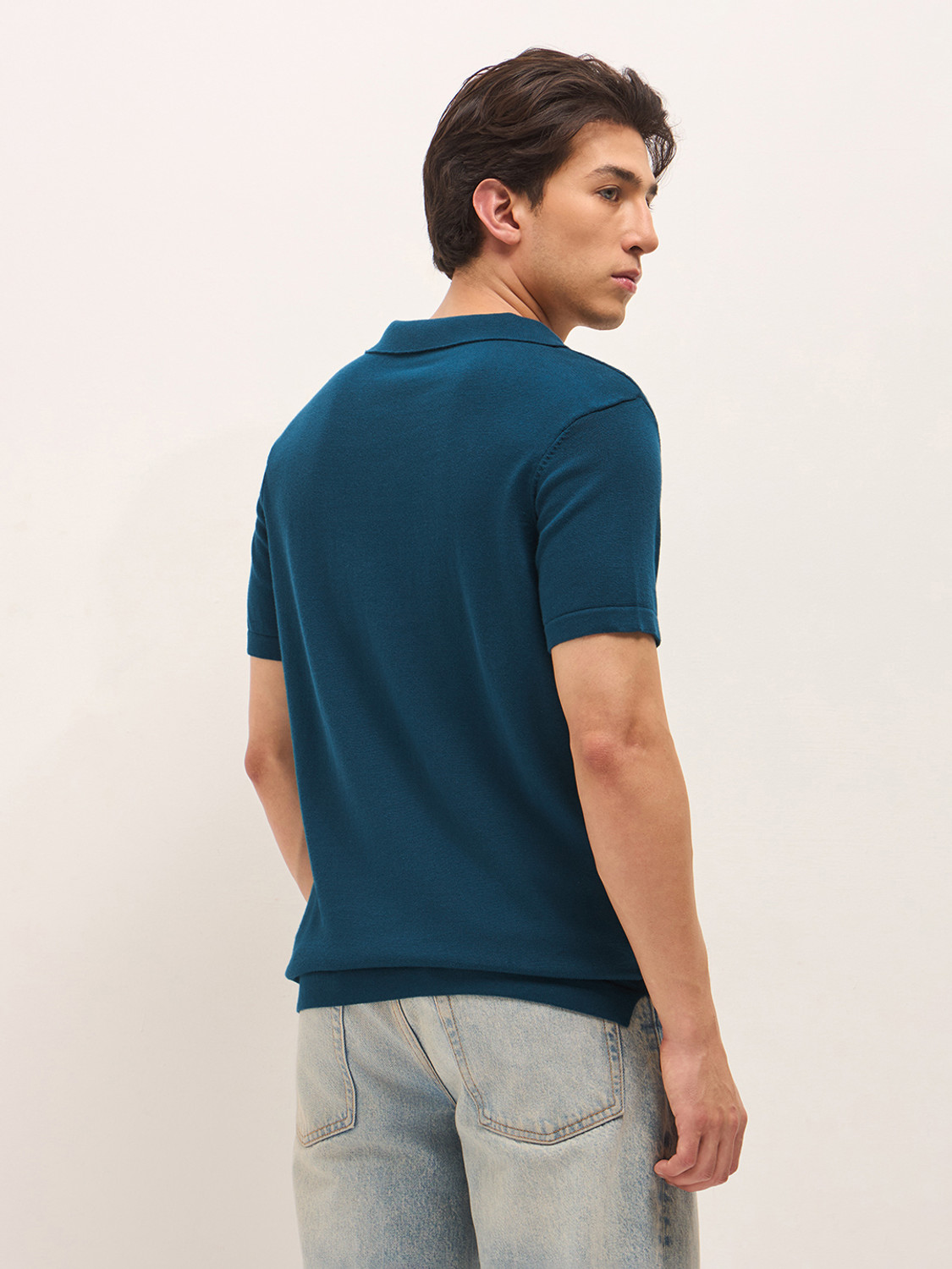 Image of THE BEAR HOUSE Self Design Men Polo Neck Blue T-Shirt