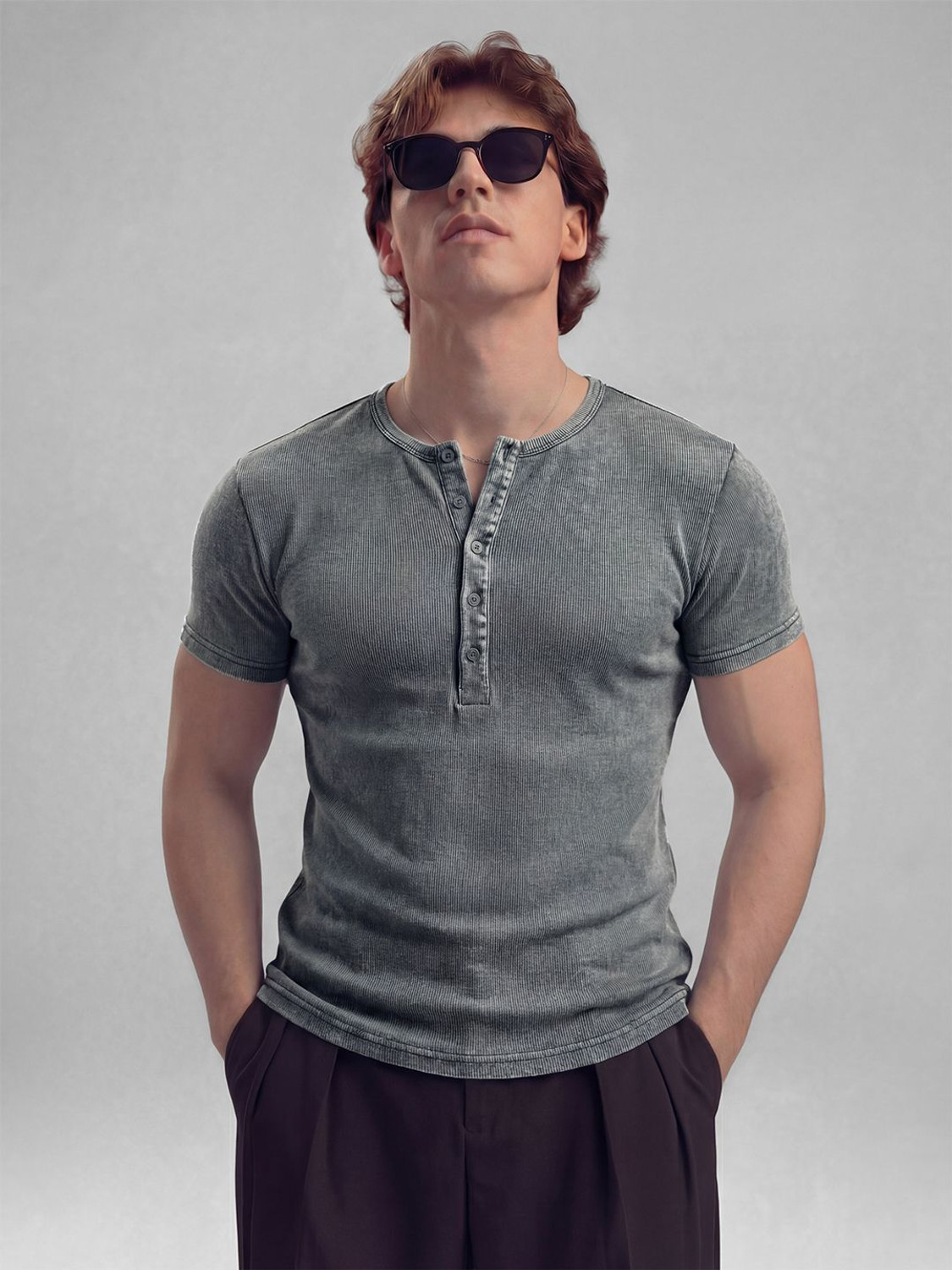 Image of FUGAZEE Solid Men Henley Neck Grey T-Shirt