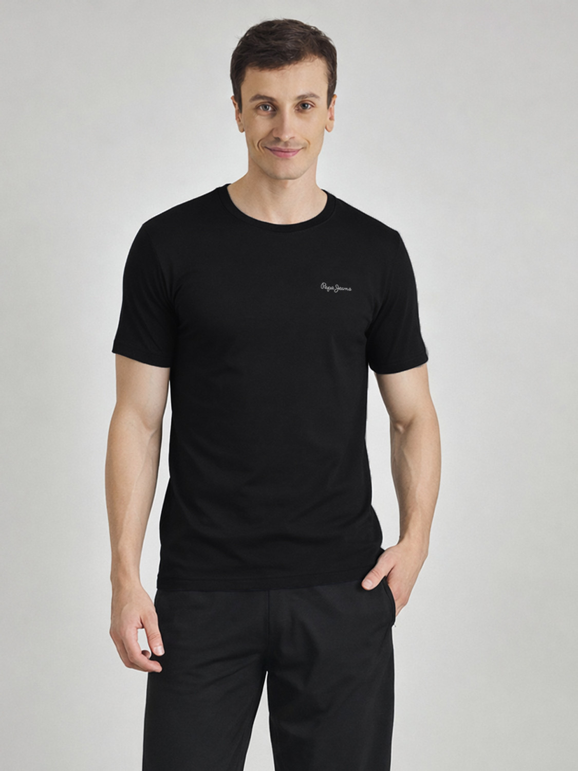 Image of Pepe Jeans Solid Men Round Neck Black, White T-Shirt