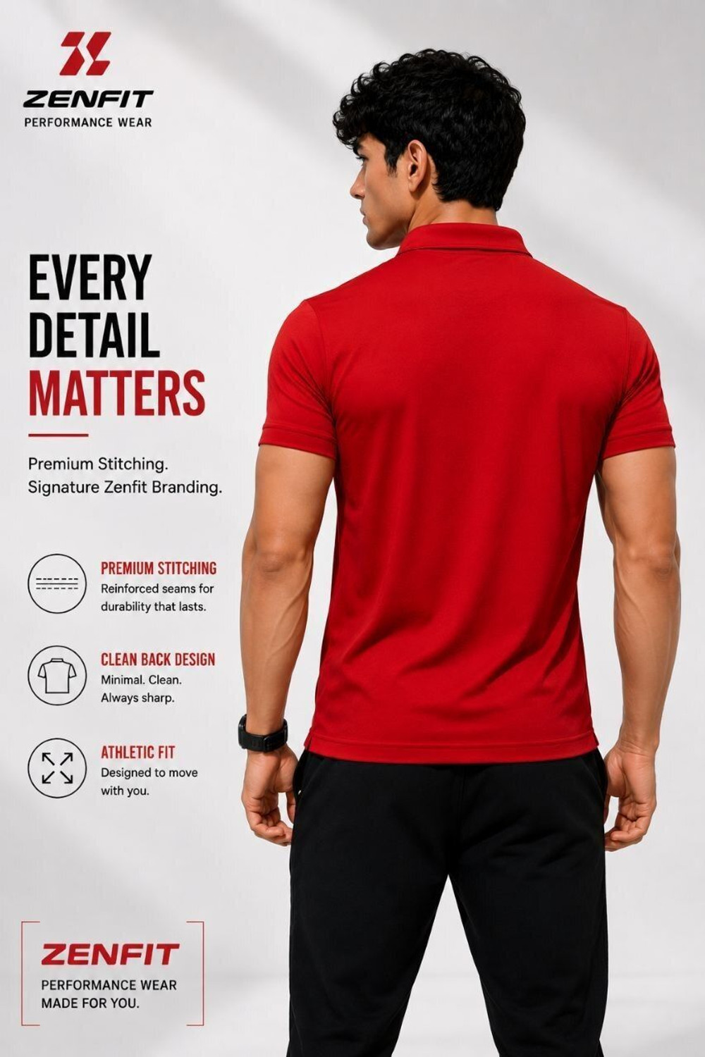 Image of zenfit Men Self Design Zip Neck Polyester Red T-Shirt