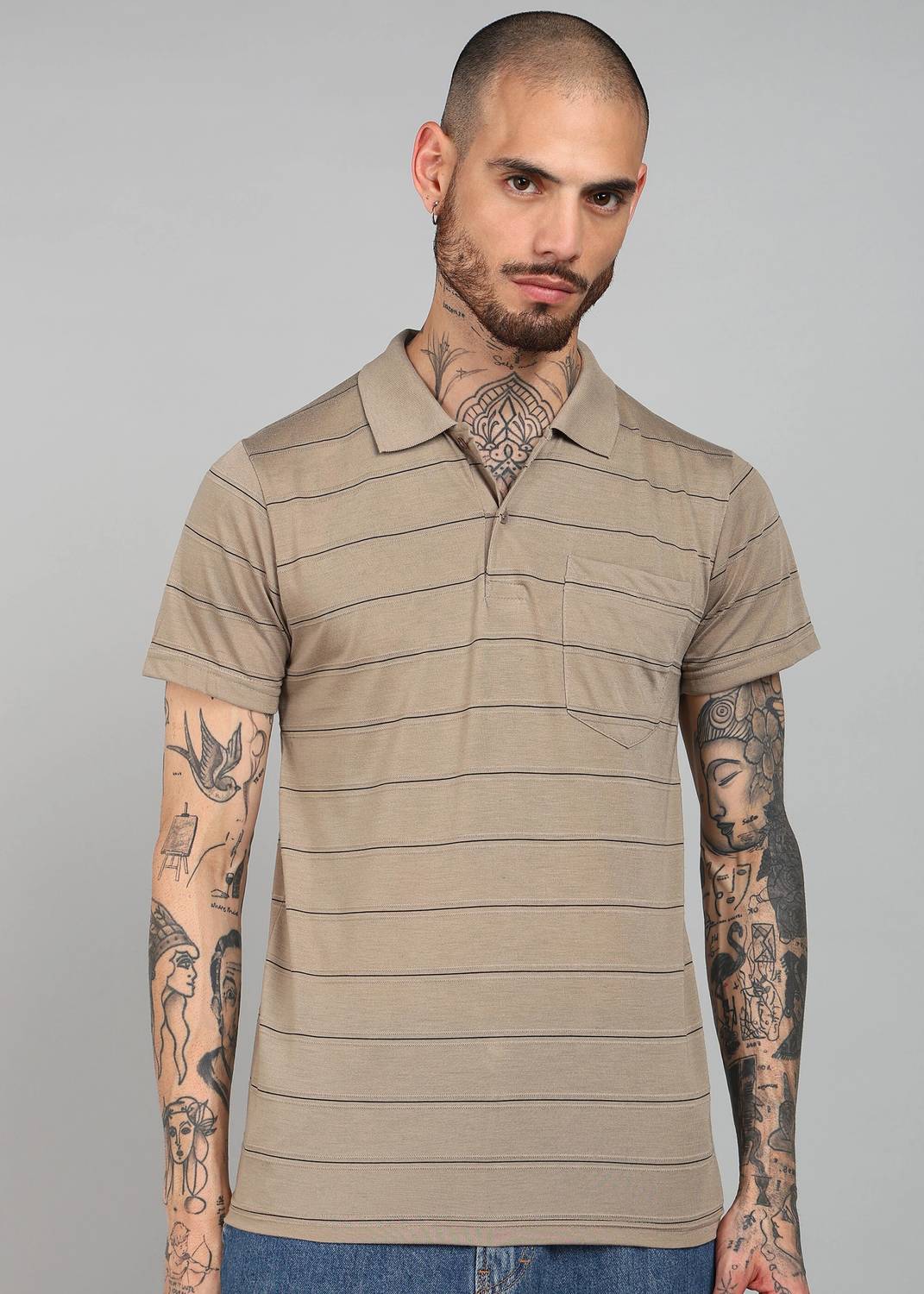 INKKR Men Striped Polo Neck Cotton Blend Multicolor T-Shirt