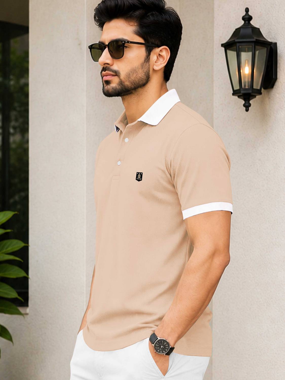 VeBNoR Solid Men Polo Neck Beige T-Shirt - Image 4