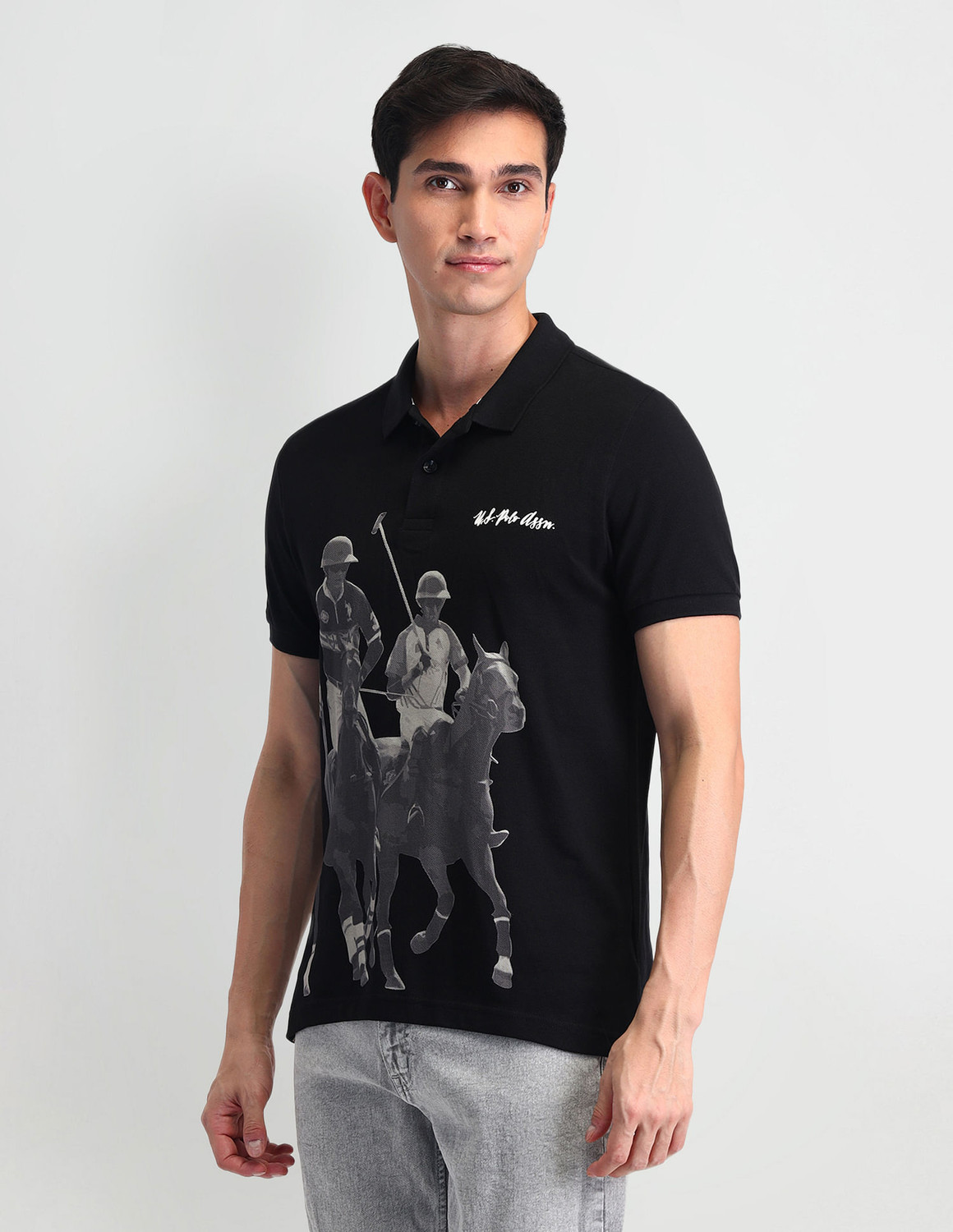 Image of U.S. POLO ASSN. Graphic Print Men Polo Neck Black T-Shirt