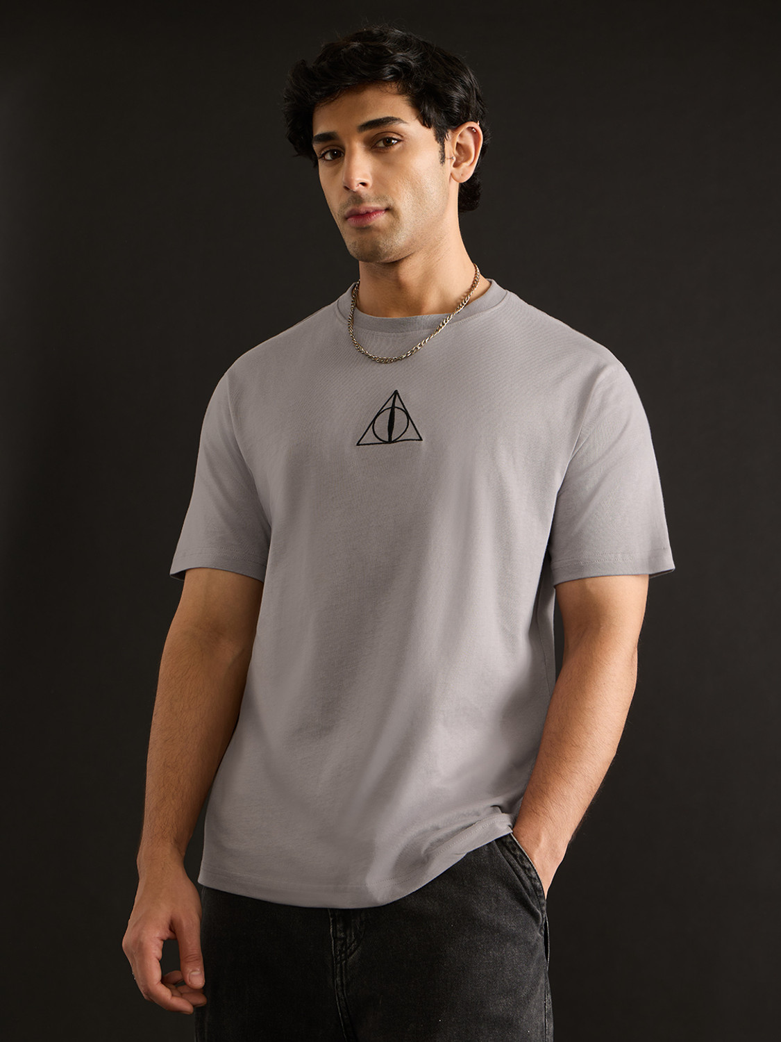 Image of The Souled Store Typography, Printed Men Round Neck Grey T-Shirt