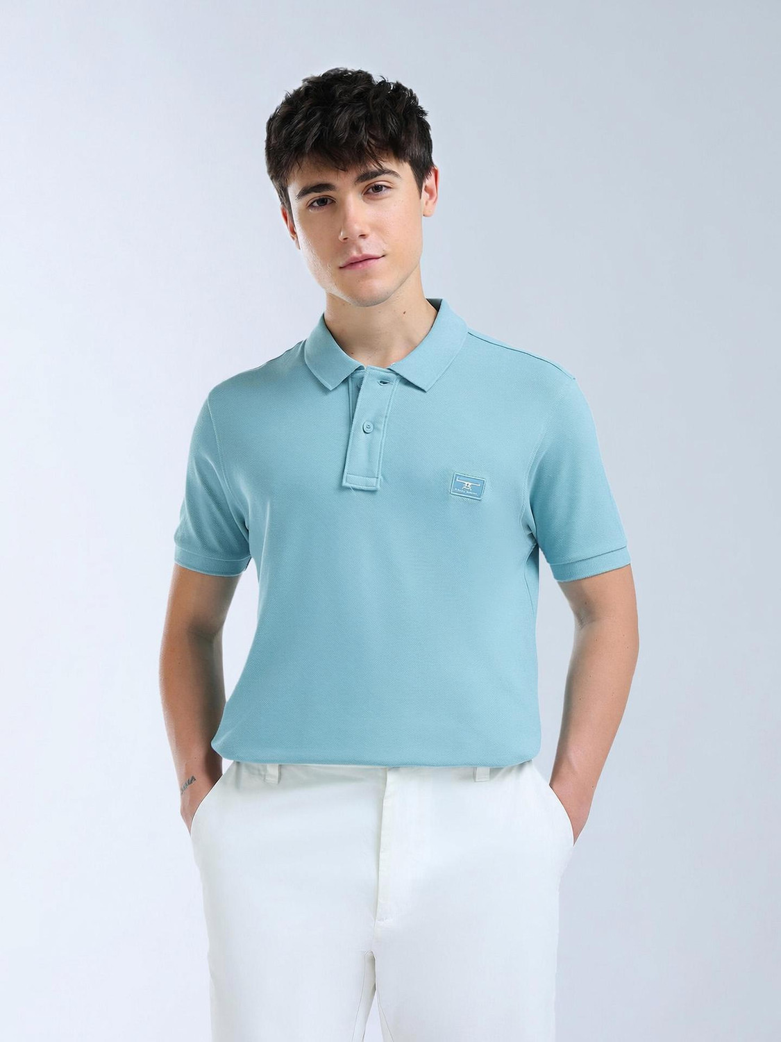 Image of FLYING MACHINE Solid Men Polo Neck Blue T-Shirt