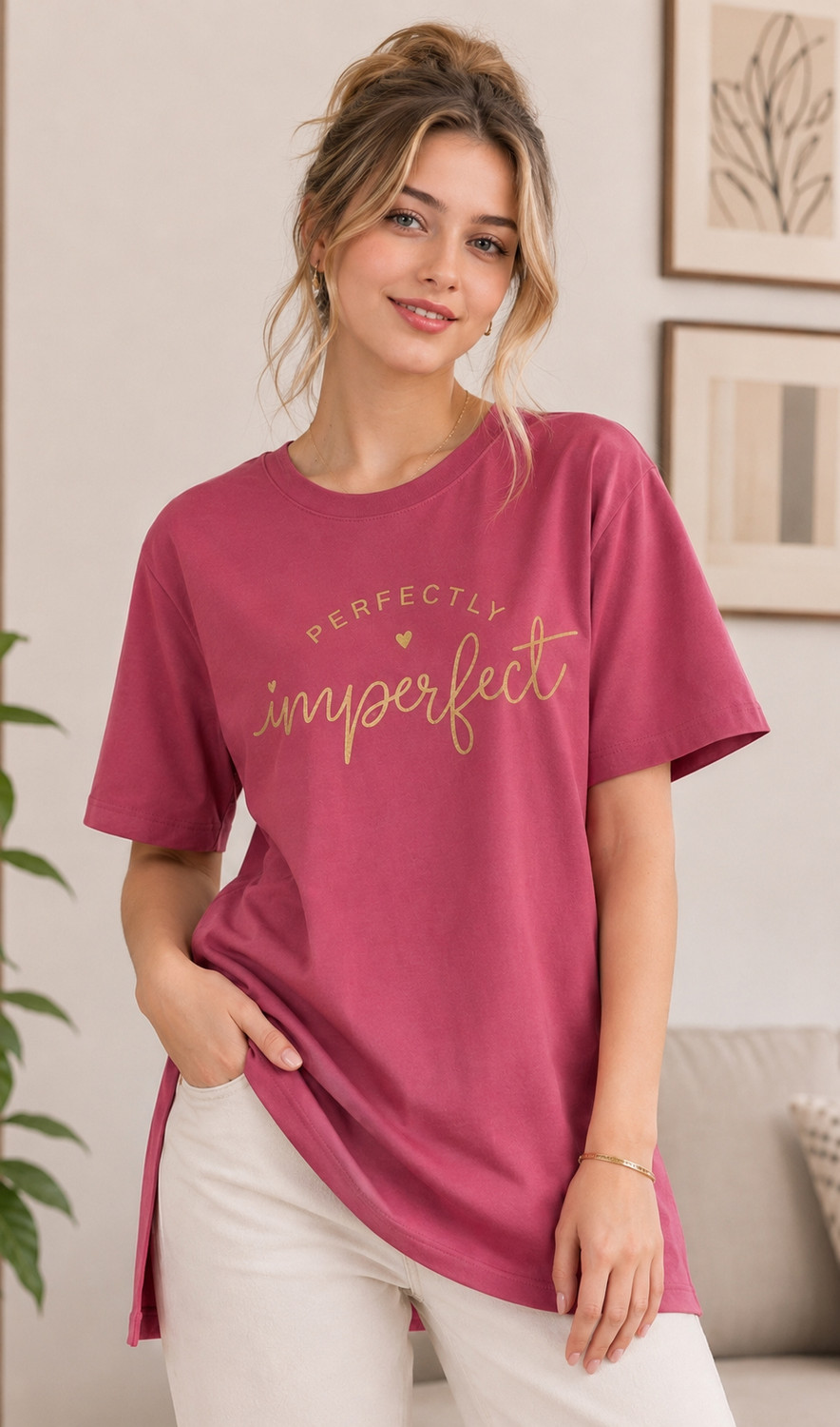 Image of URBE Printed Women Round Neck Pink, Green T-Shirt