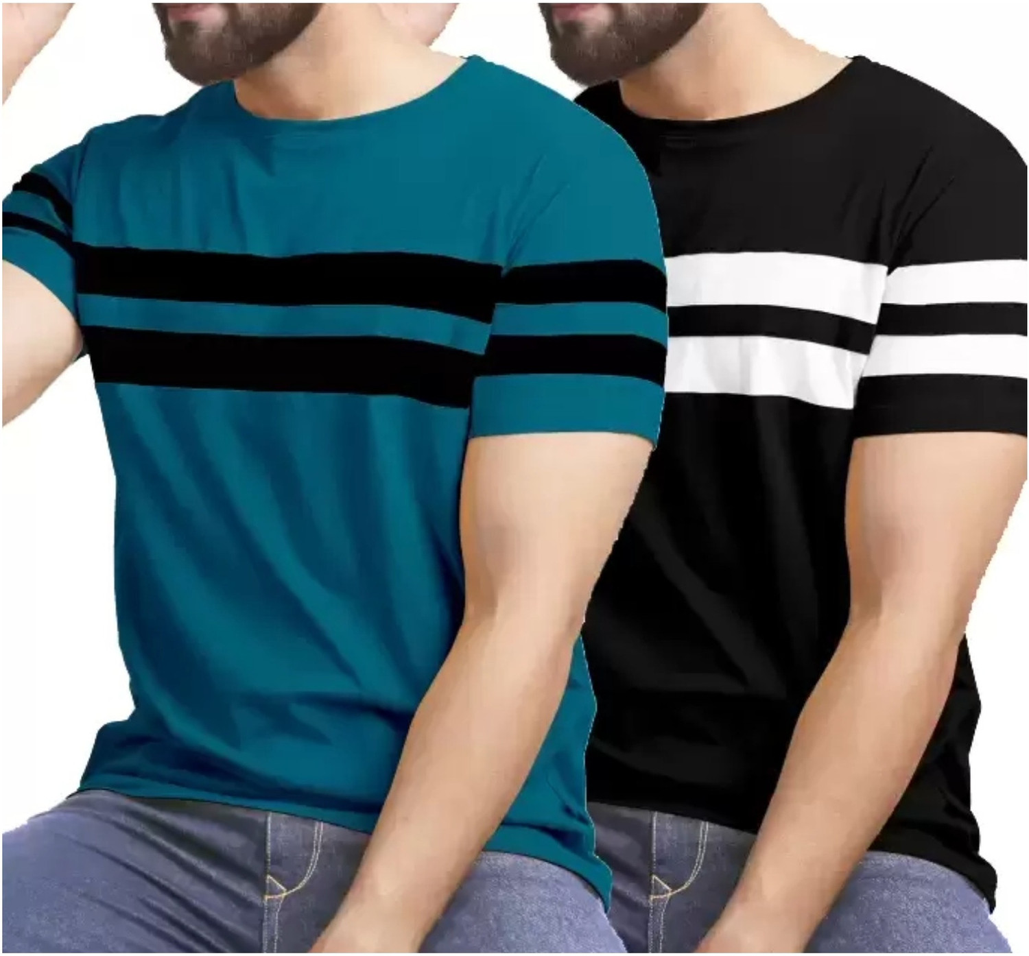 Image of R RIDACHY Striped Men Round Neck Black T-Shirt