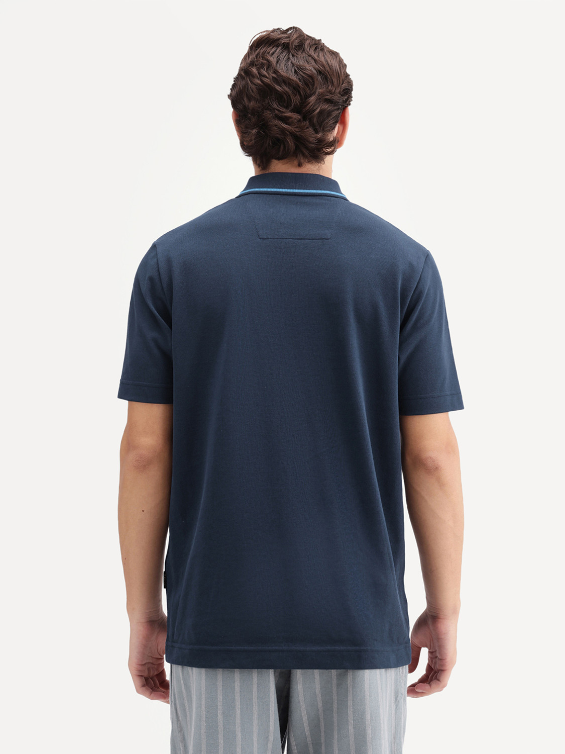Image of RARE RABBIT Solid Men Polo Neck Navy Blue T-Shirt