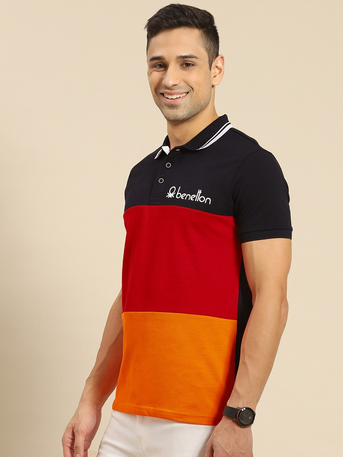 Image of United Colors of Benetton Striped Men Polo Neck Black, Red T-Shirt