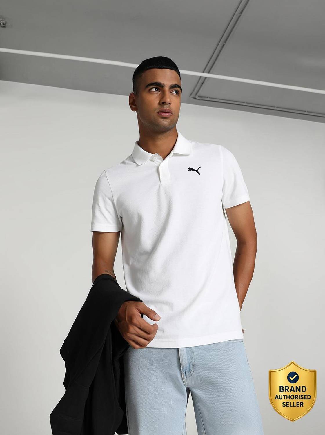 PUMA Solid Men Polo Neck White T-Shirt