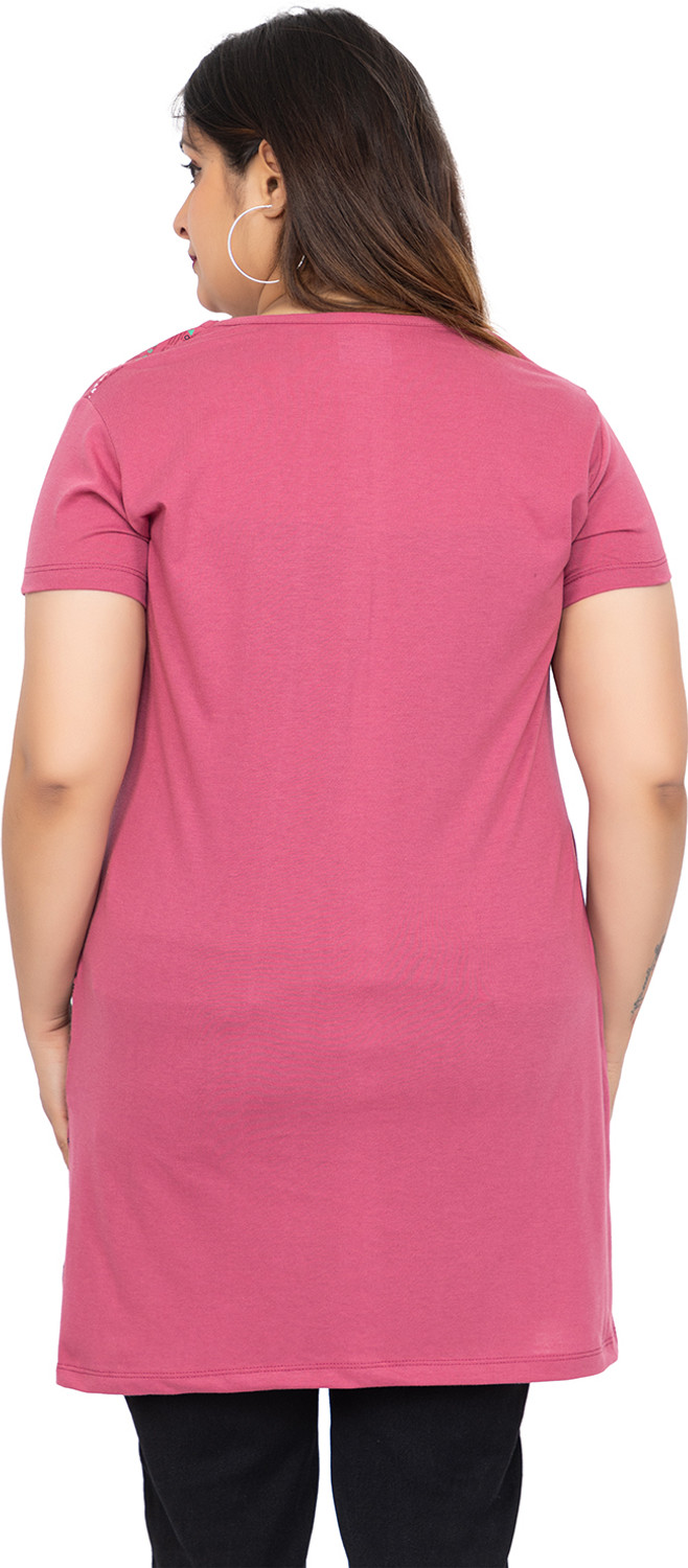 Image of Star Touch Floral Print Women Round Neck Pink, Red T-Shirt