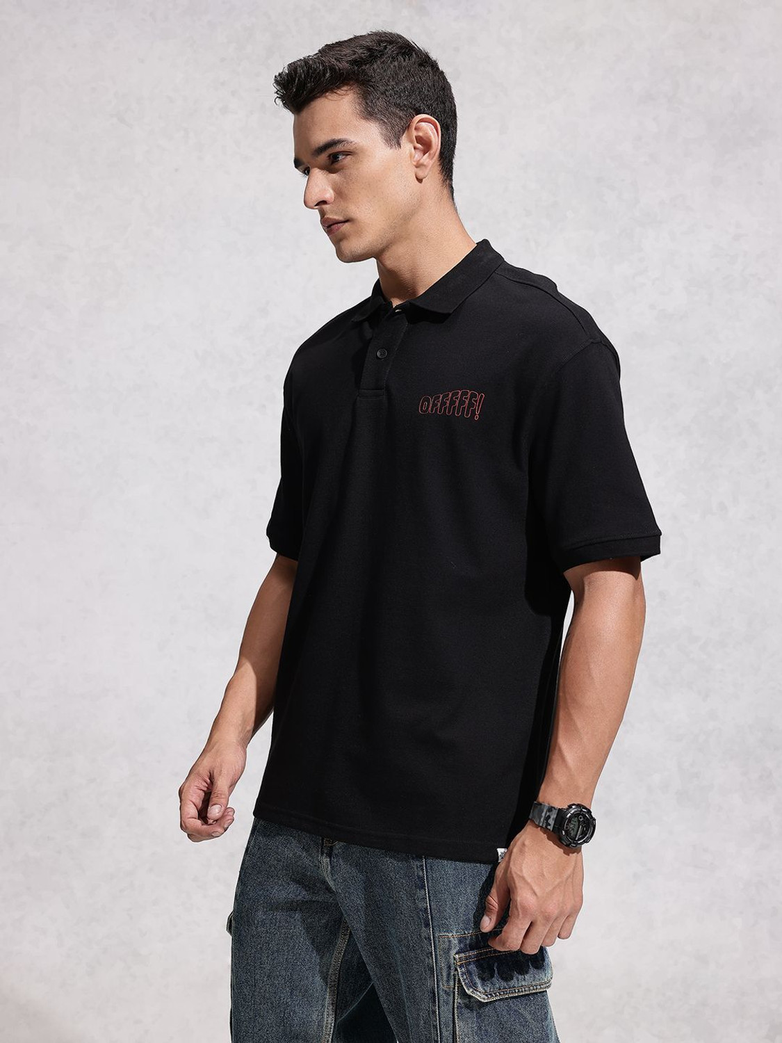 Image of WROGN Printed Men Polo Neck Black T-Shirt