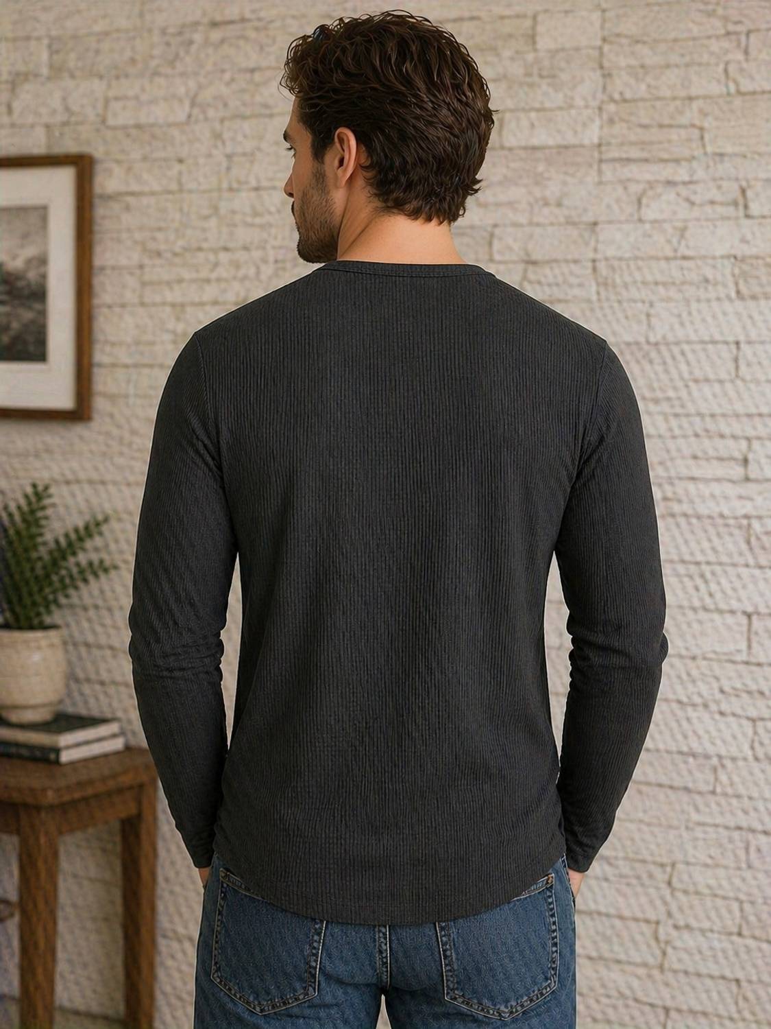 JERKYN Solid Men Henley Neck Black T-Shirt - Image 2